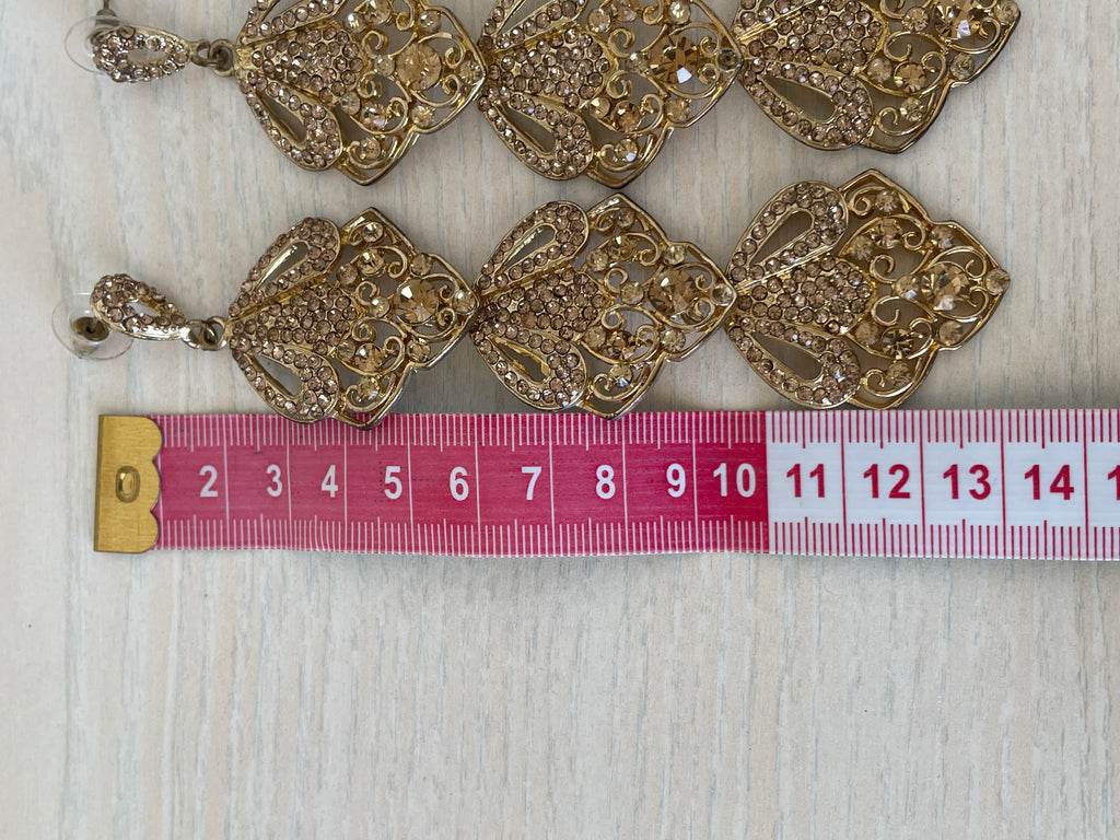 Long Filigree Earrings – Gold-Tone, 18K Plated, 7 cm Drop, Good Condition
