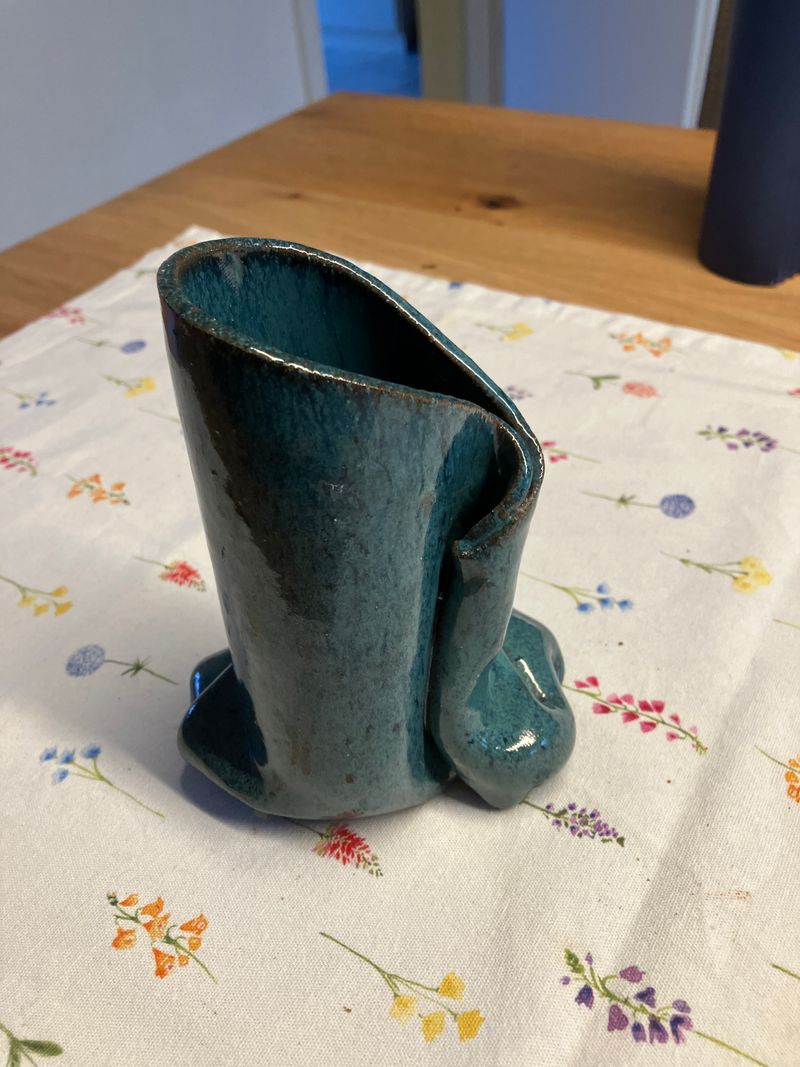 Handgefertigte Vintage Keramikvase, Blau-Grün, Mittelgroß, Sehr guter Zustand