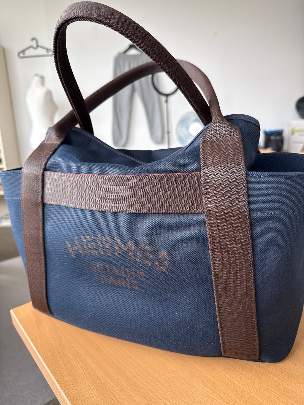 Hermès Sac de Pansage Groom Medium Canvas Navy/Braun mit Riemen, sehr gut