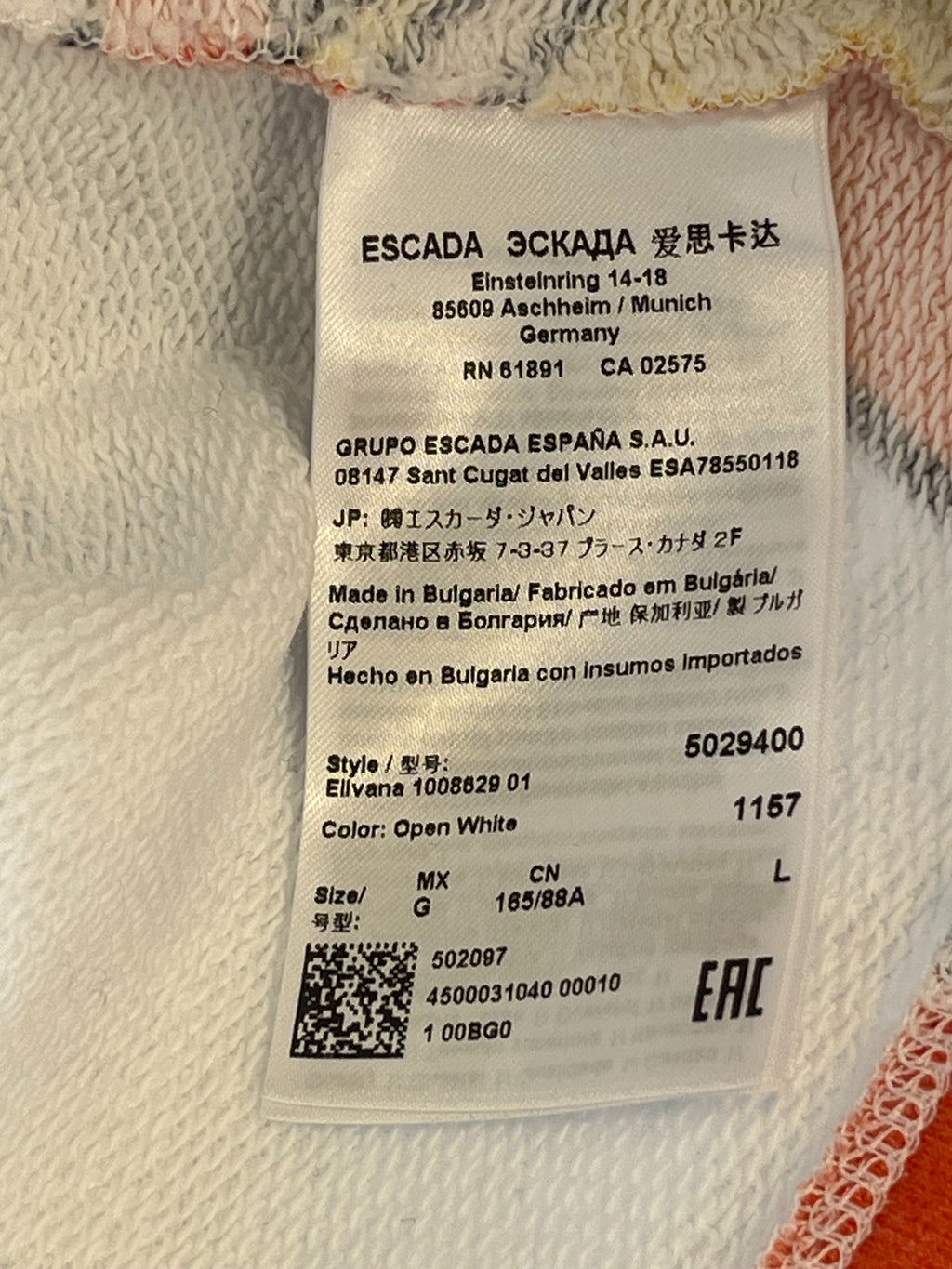 Escada Hoodie Elivana – Multicolor Grafik, Weiß, Größe L, Sehr Gut