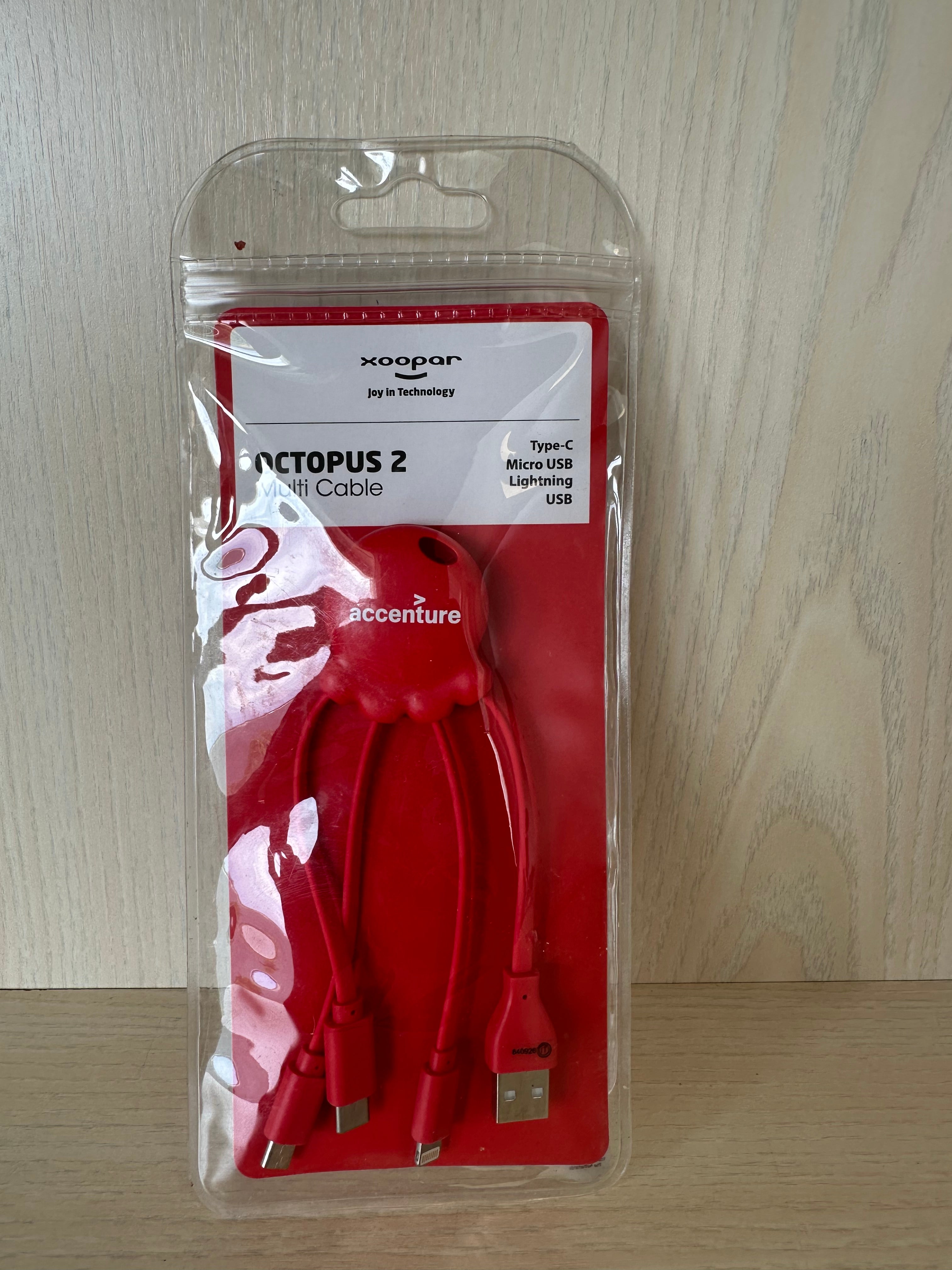 Xoopar Octopus 2 Multi-Charging Cable USB-C/Lightning/Micro-USB Red New Sealed
