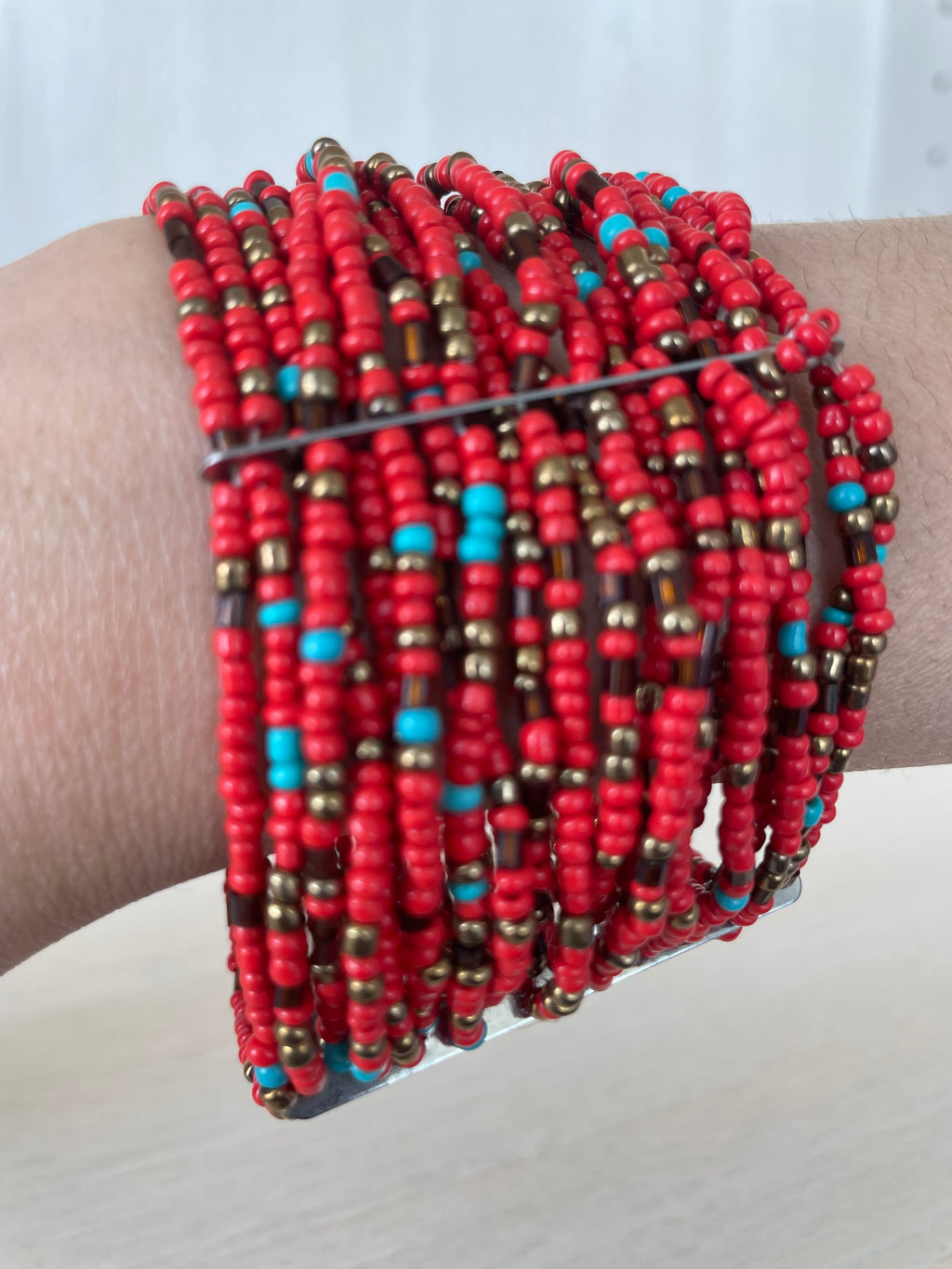 Handmade Otavalo Beaded Cuff Bracelet, Red Coral/Glass, Adjustable, Very Good