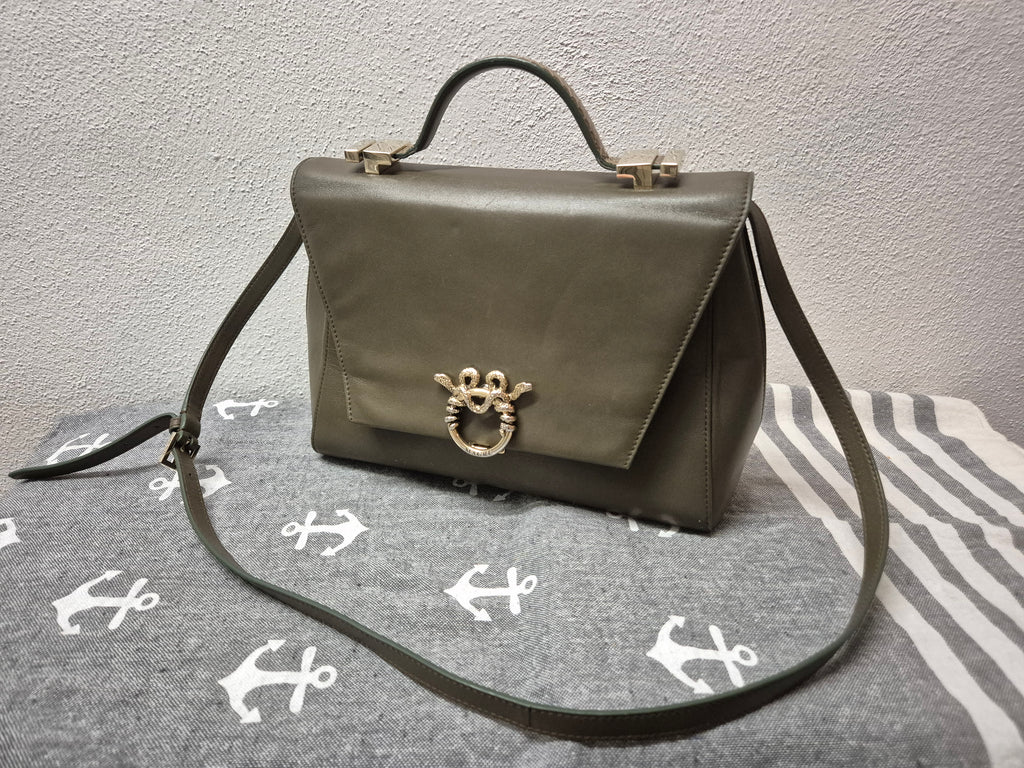 Roberto Cavalli Serpentine Bag, Olive Leather, Python Handle, Medium, Good