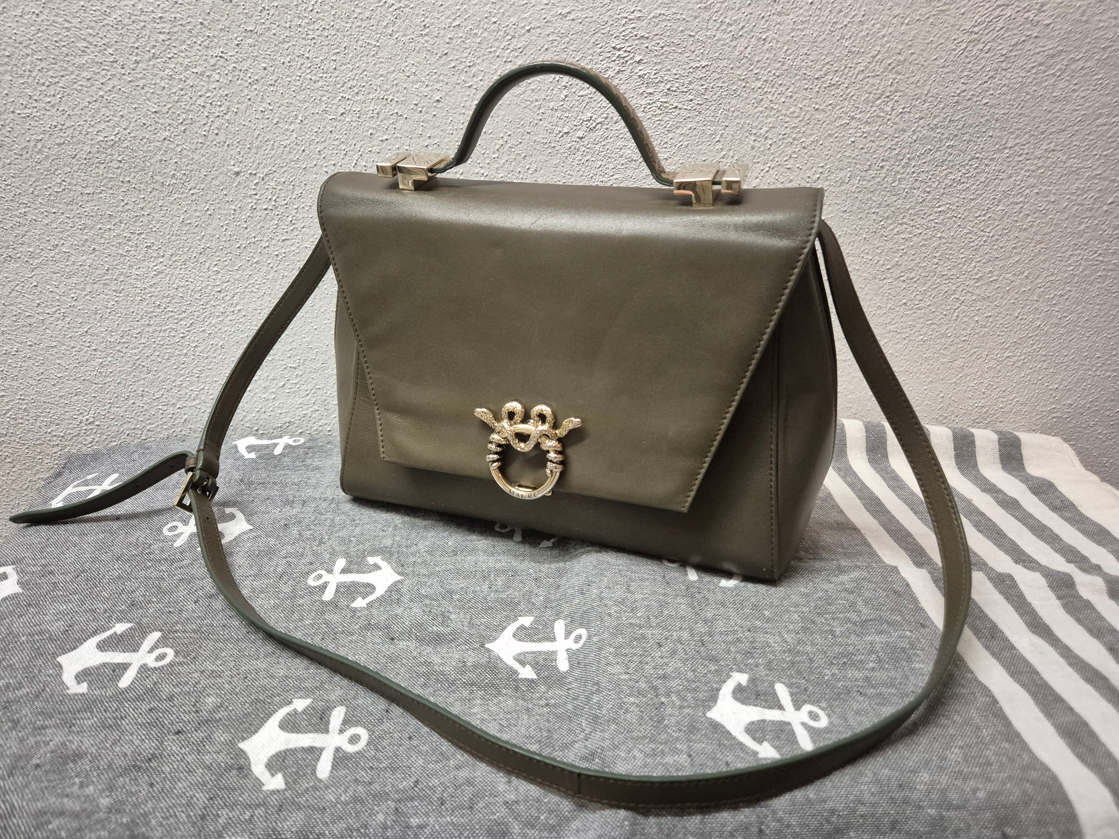 Roberto Cavalli Serpentine Bag, Olive Leather, Python Handle, Medium, Good