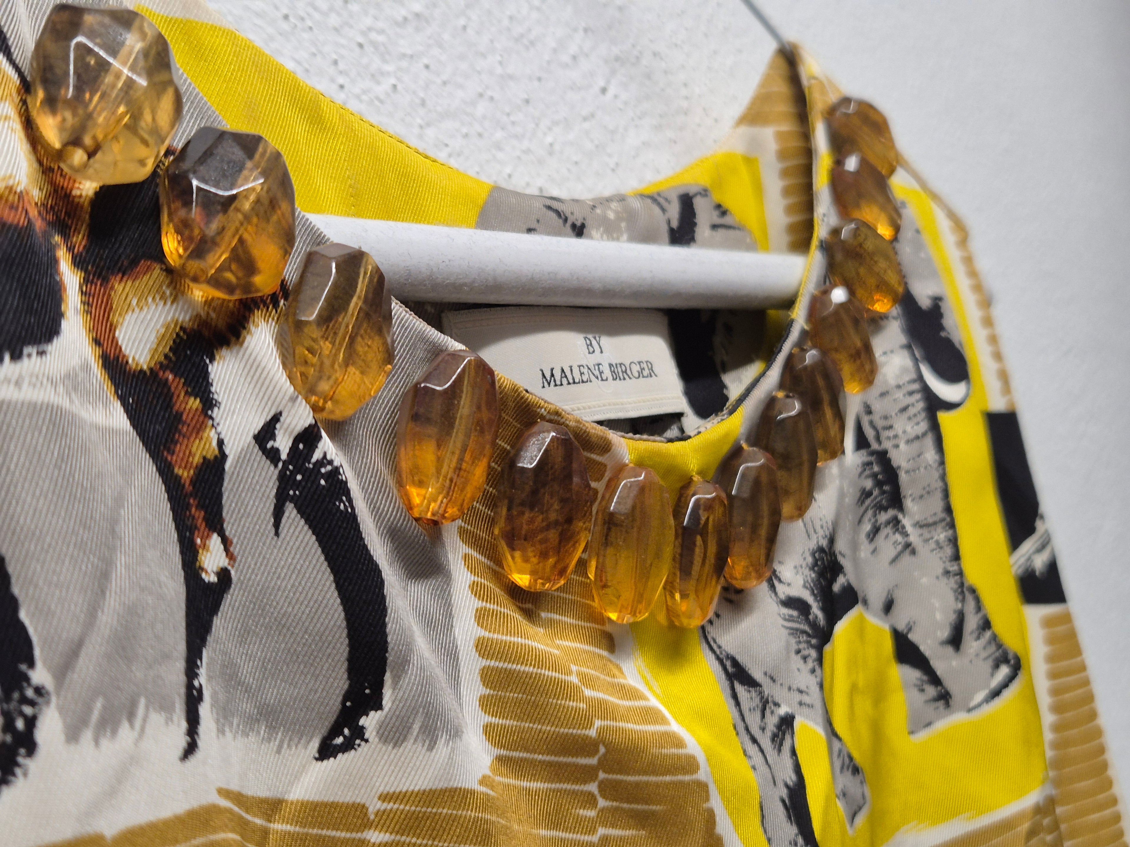 By Malene Birger Silk Animal Print Dress 36 DE Yellow Gray Black Amber Beads Good