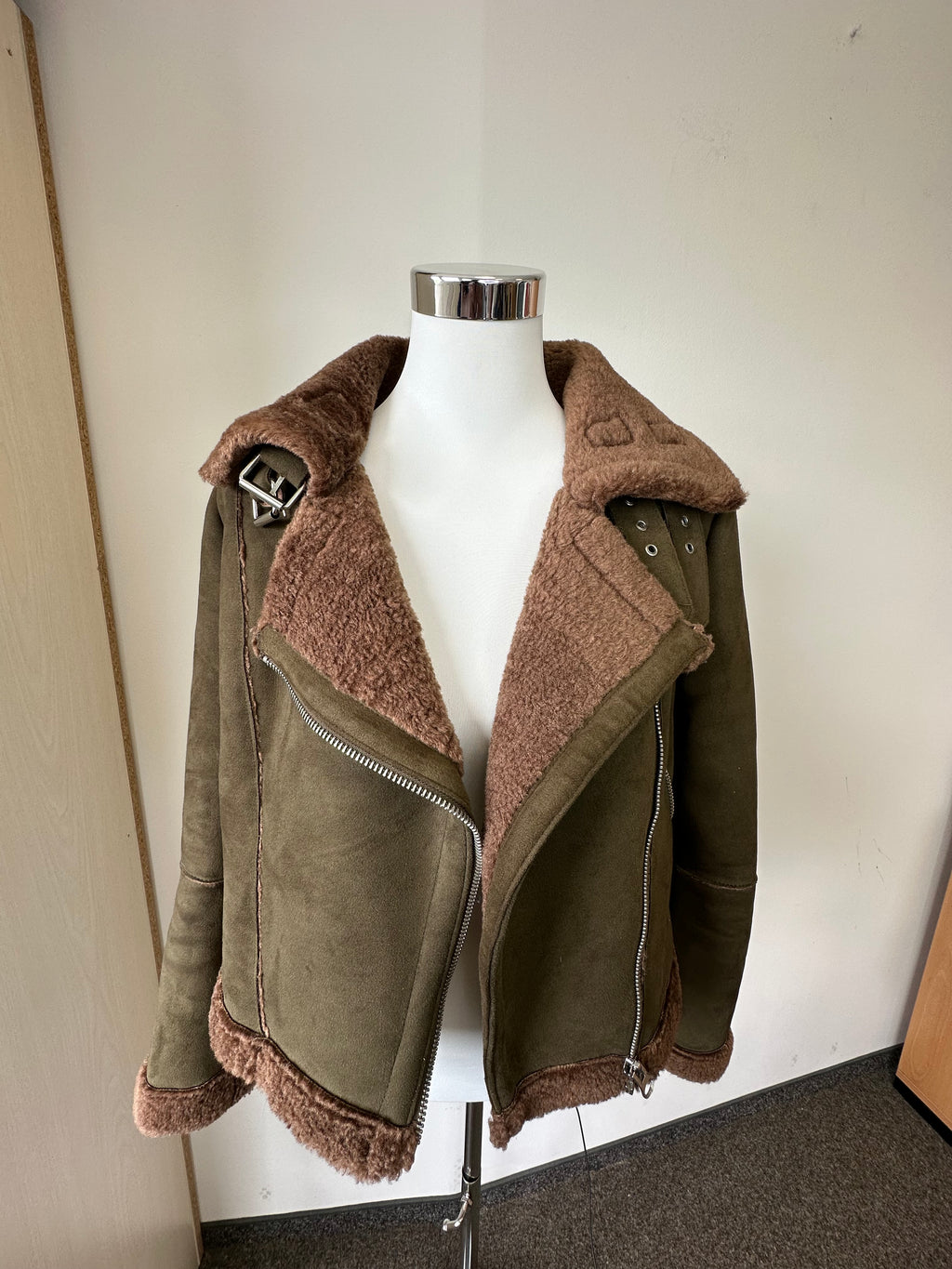 Zara Basic Outerwear Aviator Jacket, Faux Suede, Olive, Size M, Like New
