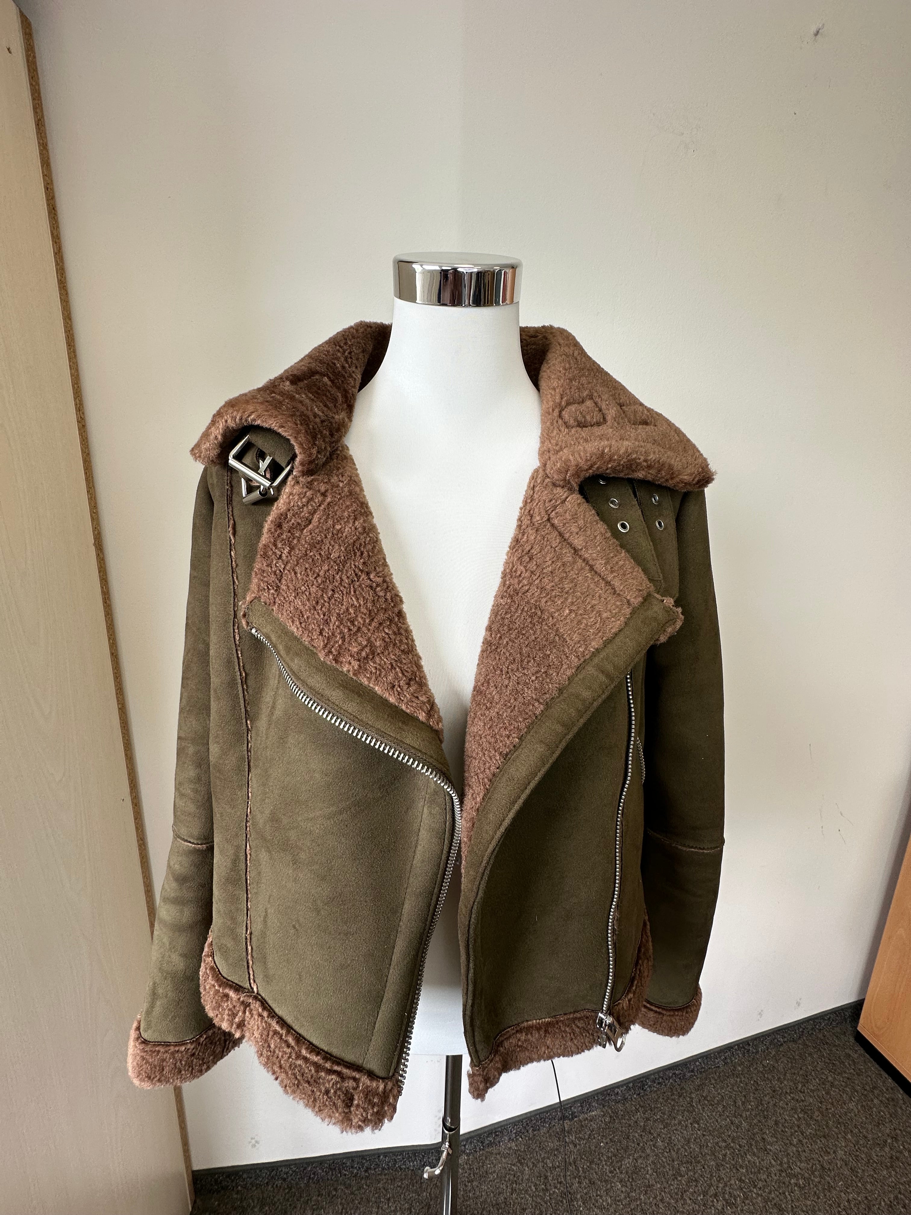 Zara Basic Outerwear Aviator Jacket, Faux Suede, Olive, Size M, Like New