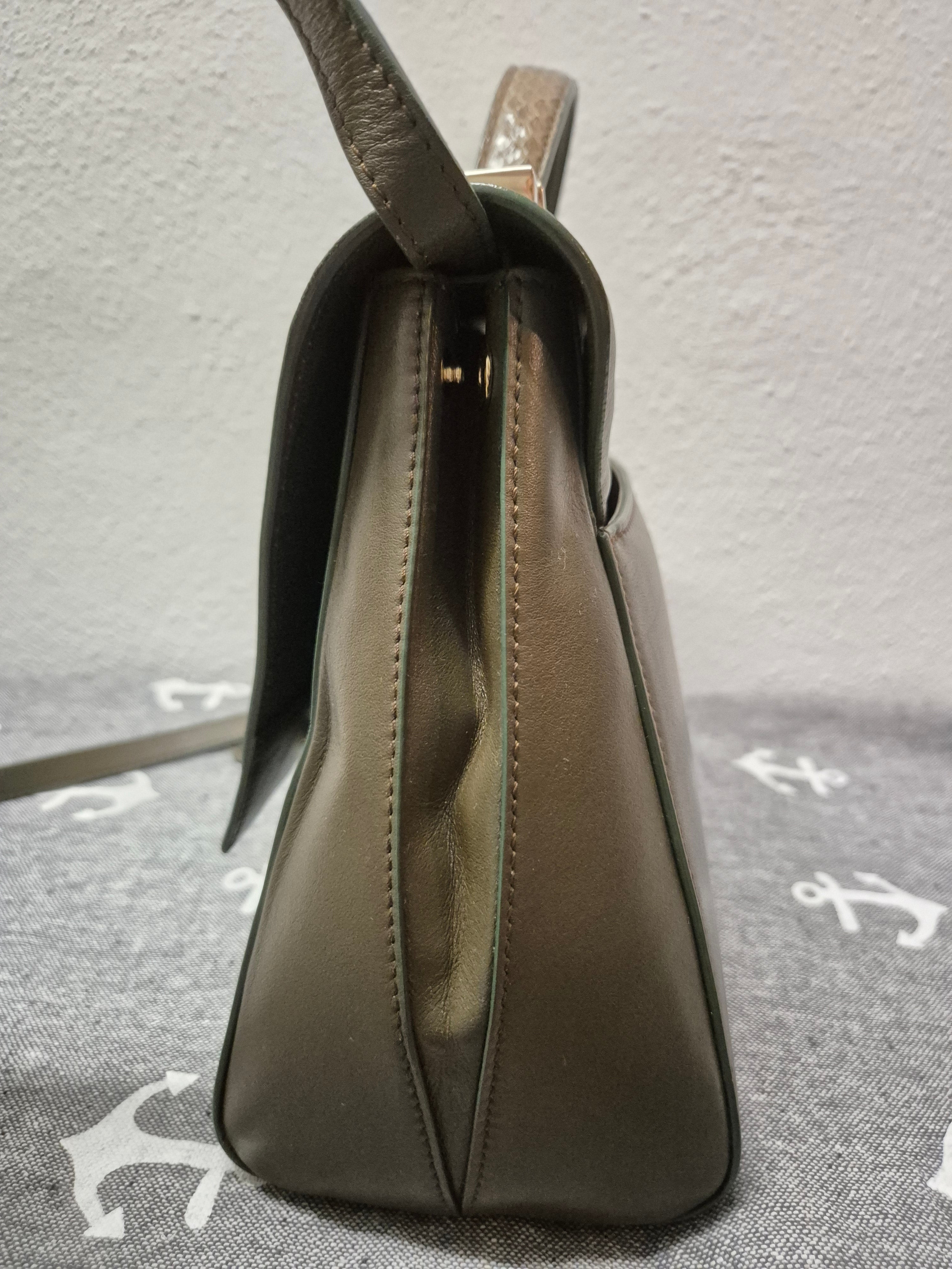Roberto Cavalli Serpentine Bag, Olive Leather, Python Handle, Medium, Good