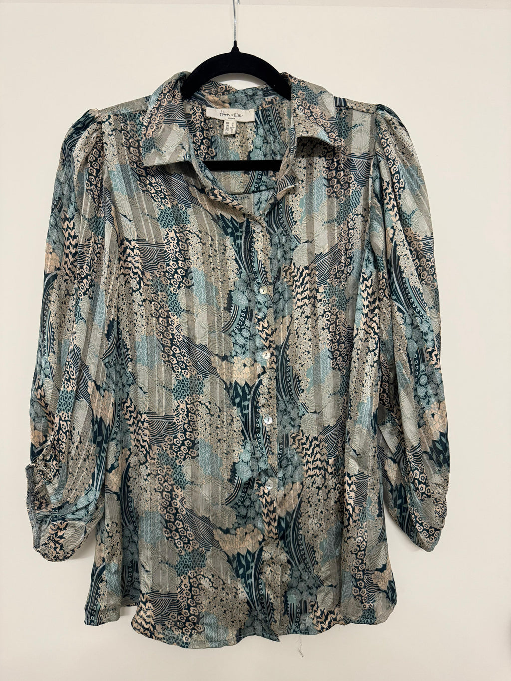 Haver & Blair Sheer Peasant Blouse – S – Blue/Beige Print – Very Good