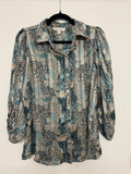 Haver & Blair Sheer Peasant Blouse – S – Blue/Beige Print – Very Good