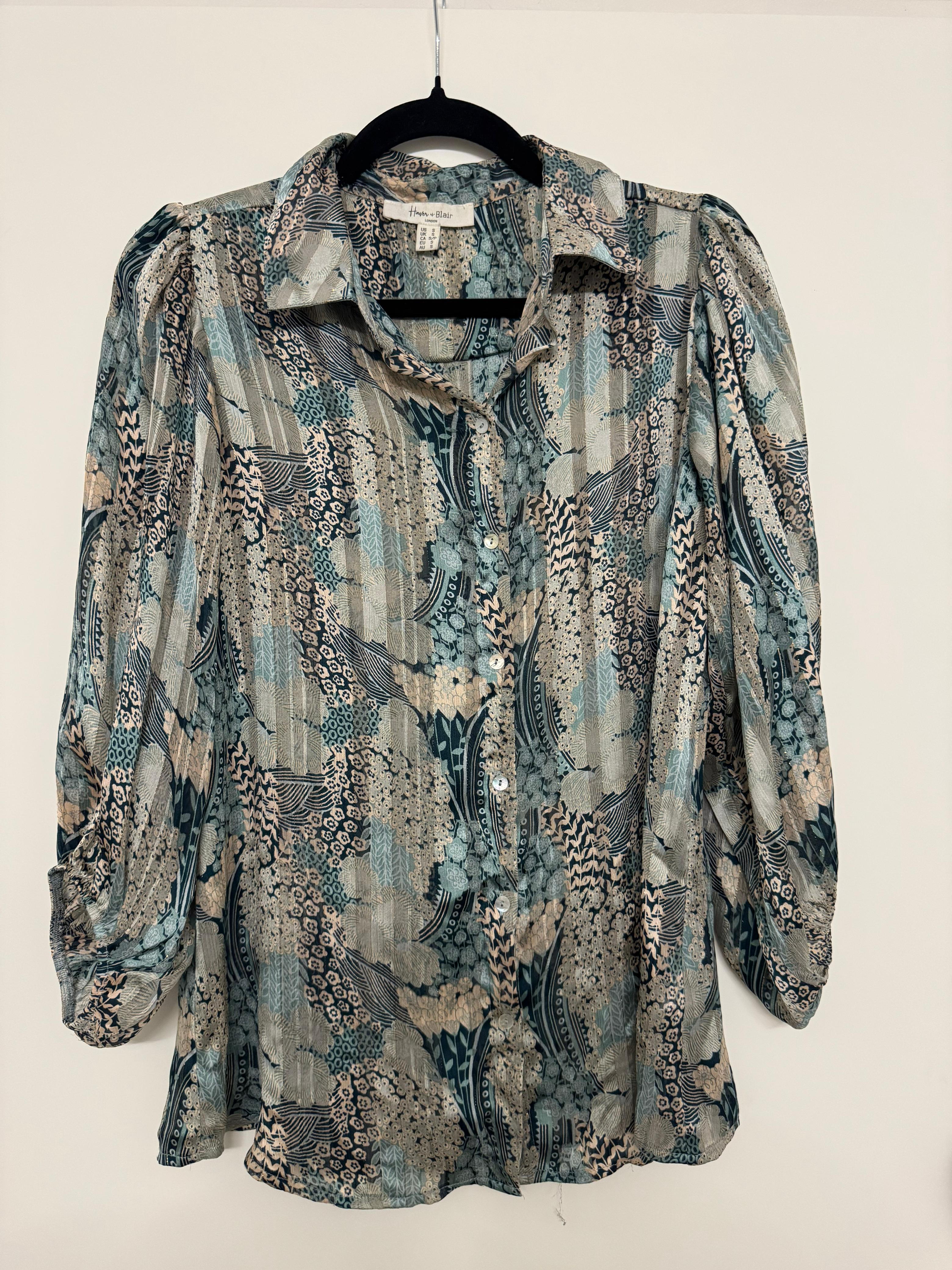 Haver & Blair Sheer Peasant Blouse – S – Blue/Beige Print – Very Good