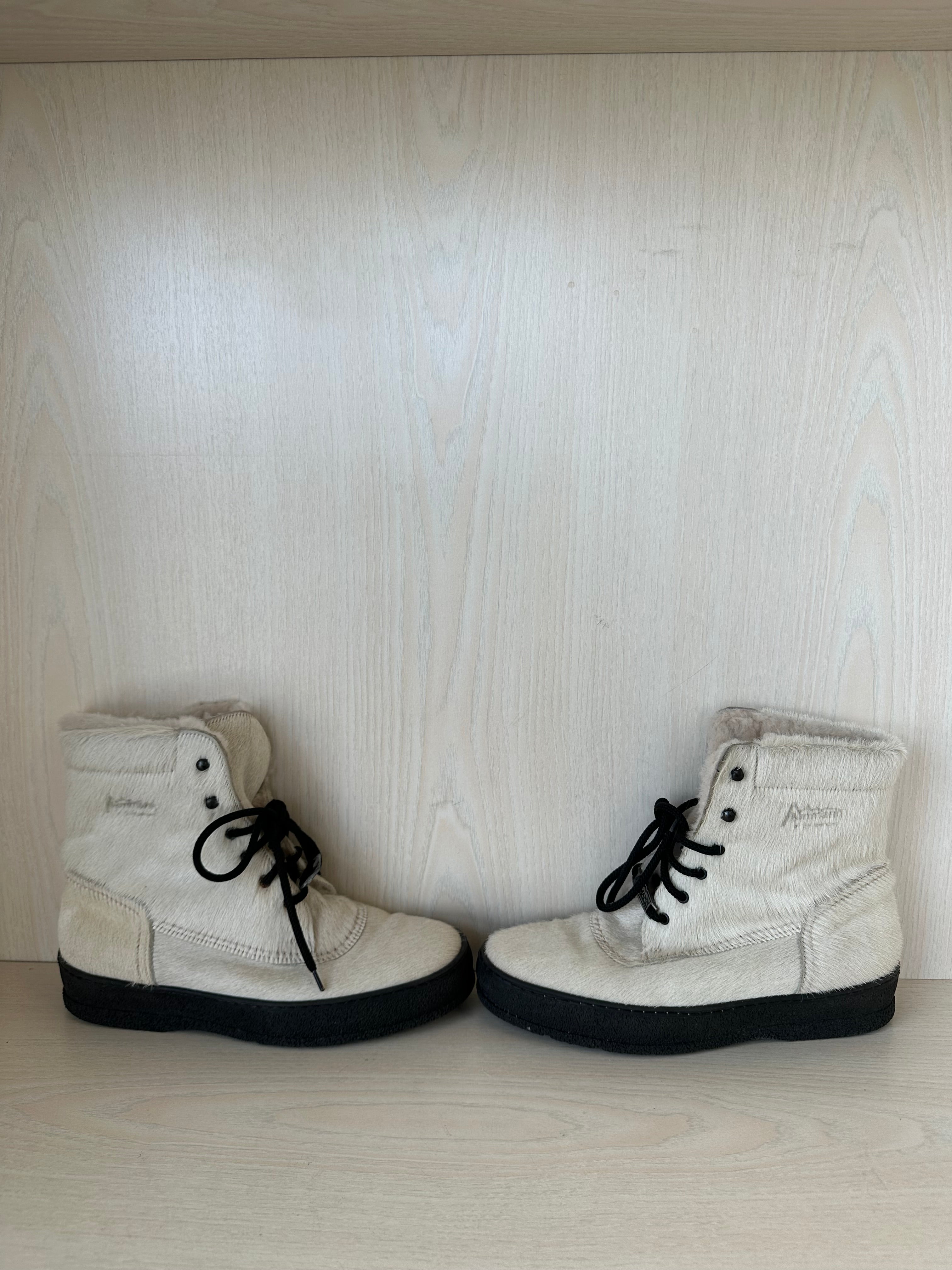 Ammann Cow Print Schnürstiefel EU 39 Creme/Schwarz Leder Ziegenhaar Sehr Gut