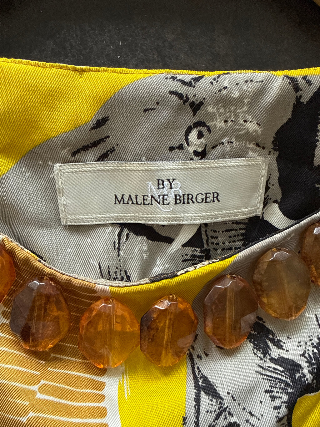 By Malene Birger Silk Animal Print Dress 36 DE Yellow Gray Black Amber Beads Good
