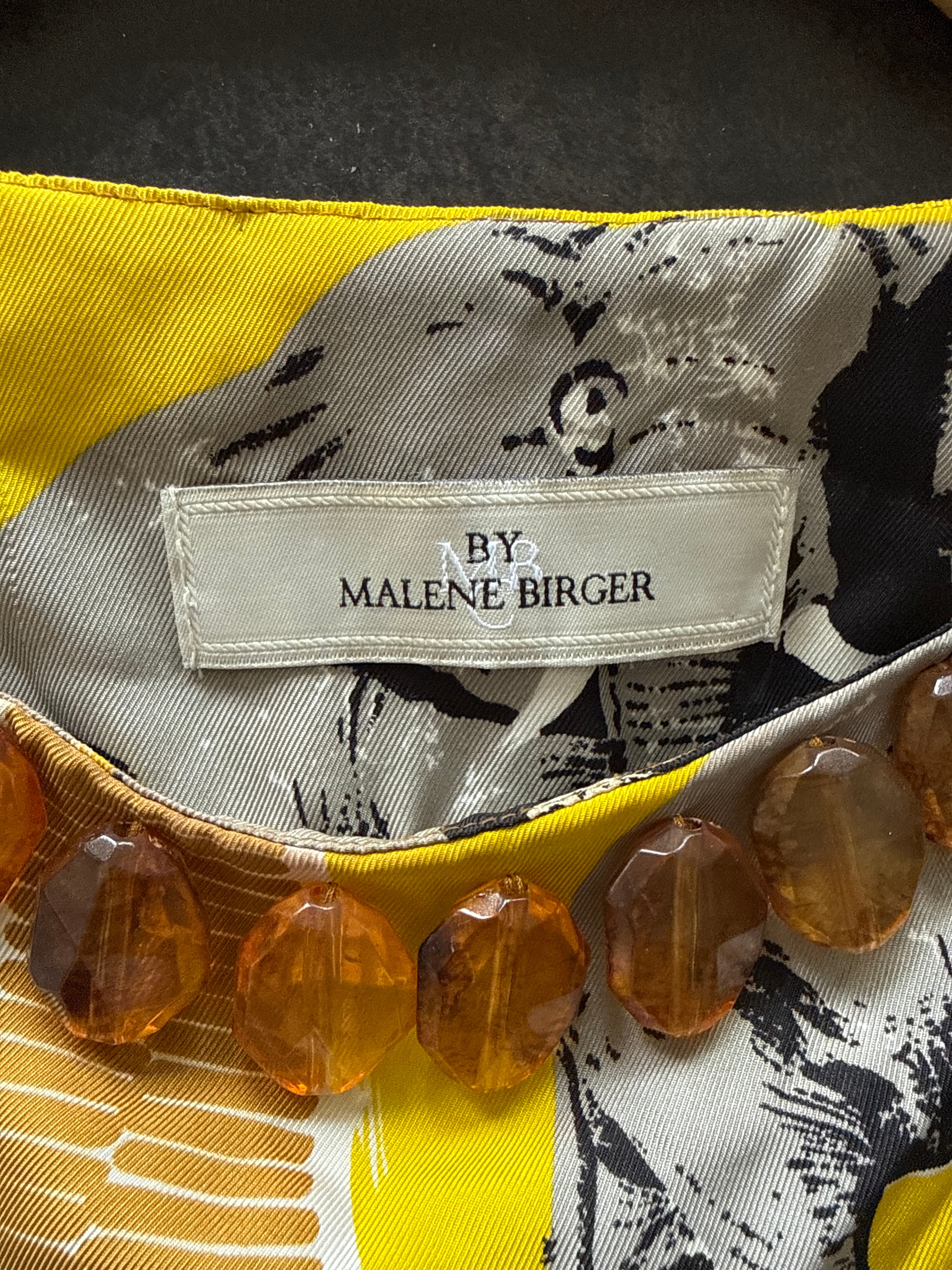 By Malene Birger Silk Animal Print Dress 36 DE Yellow Gray Black Amber Beads Good