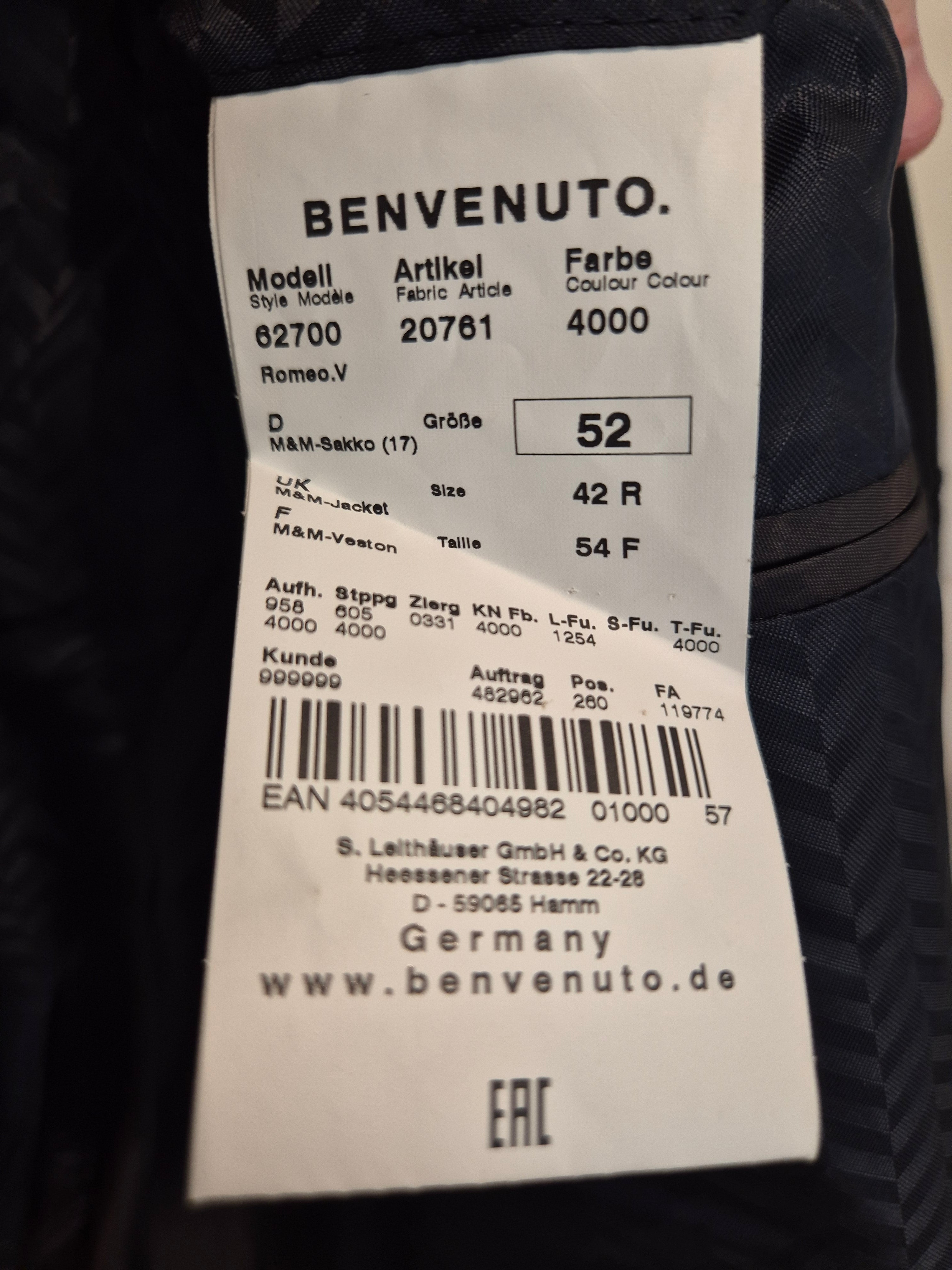 Benvenuto VIVO Blazer Romeo.V | 52 (42R) | Black | Super 110’s Wool | Very Good