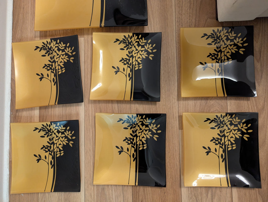 Crystal Glasplatten Set 4-tlg. Schwarz Gold, Quadrat, 30/20cm, Blattmotiv, Gut
