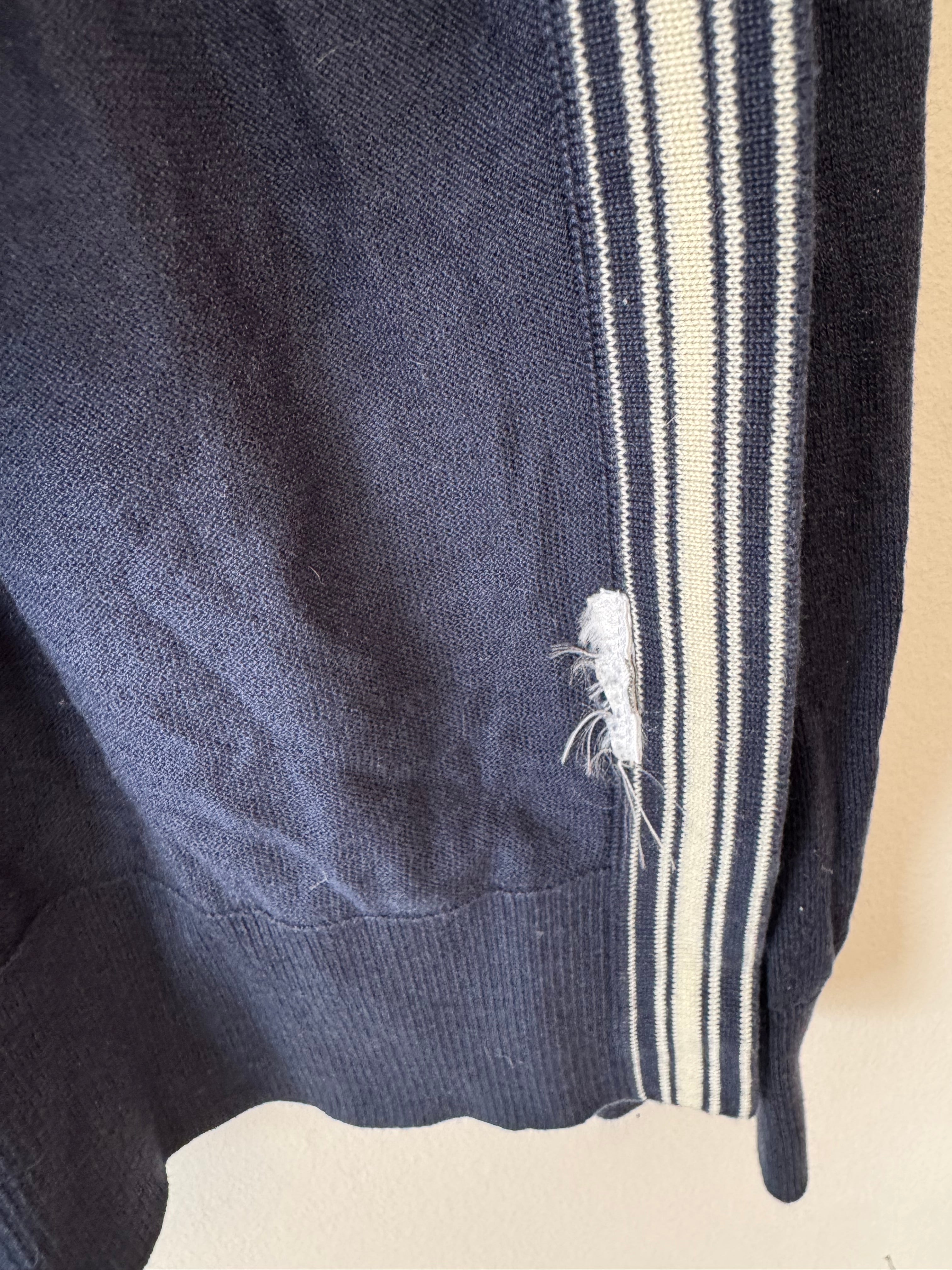Lacoste Navy V-Neck Sweater, Size 44 (L), Stripe Trim, Good Condition
