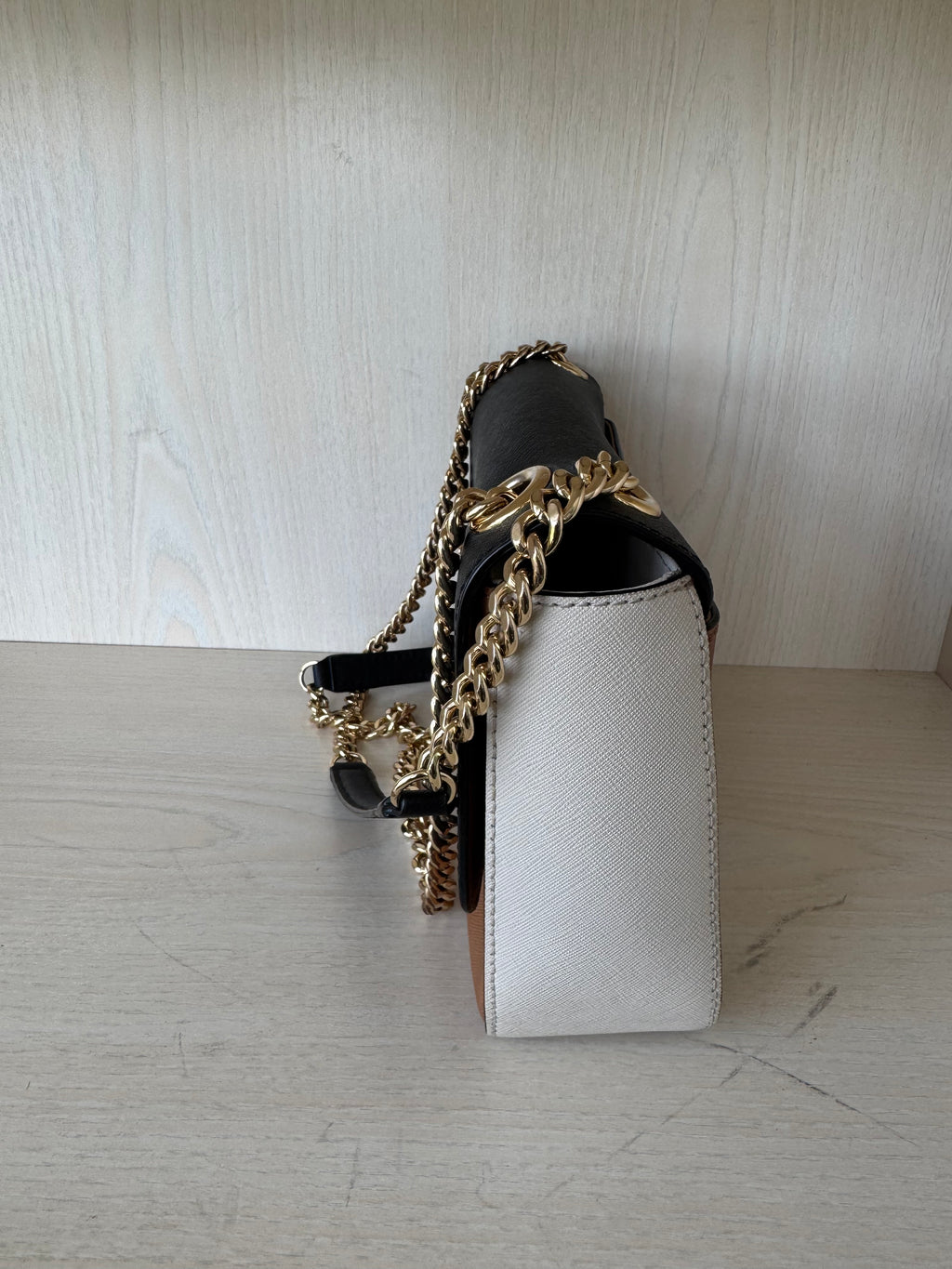 Michael Kors “Tina” Crossbody – Color-Block Saffiano Leather, Gold Hardware, Good