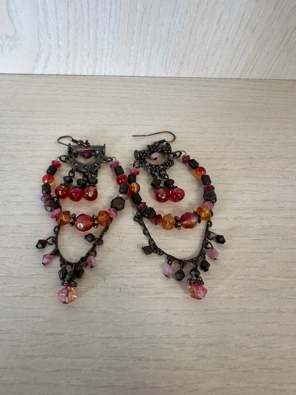 Boho Chandelier Earrings, Bronze, Ruby Red & Orange Glass Beads, 5cm, Good