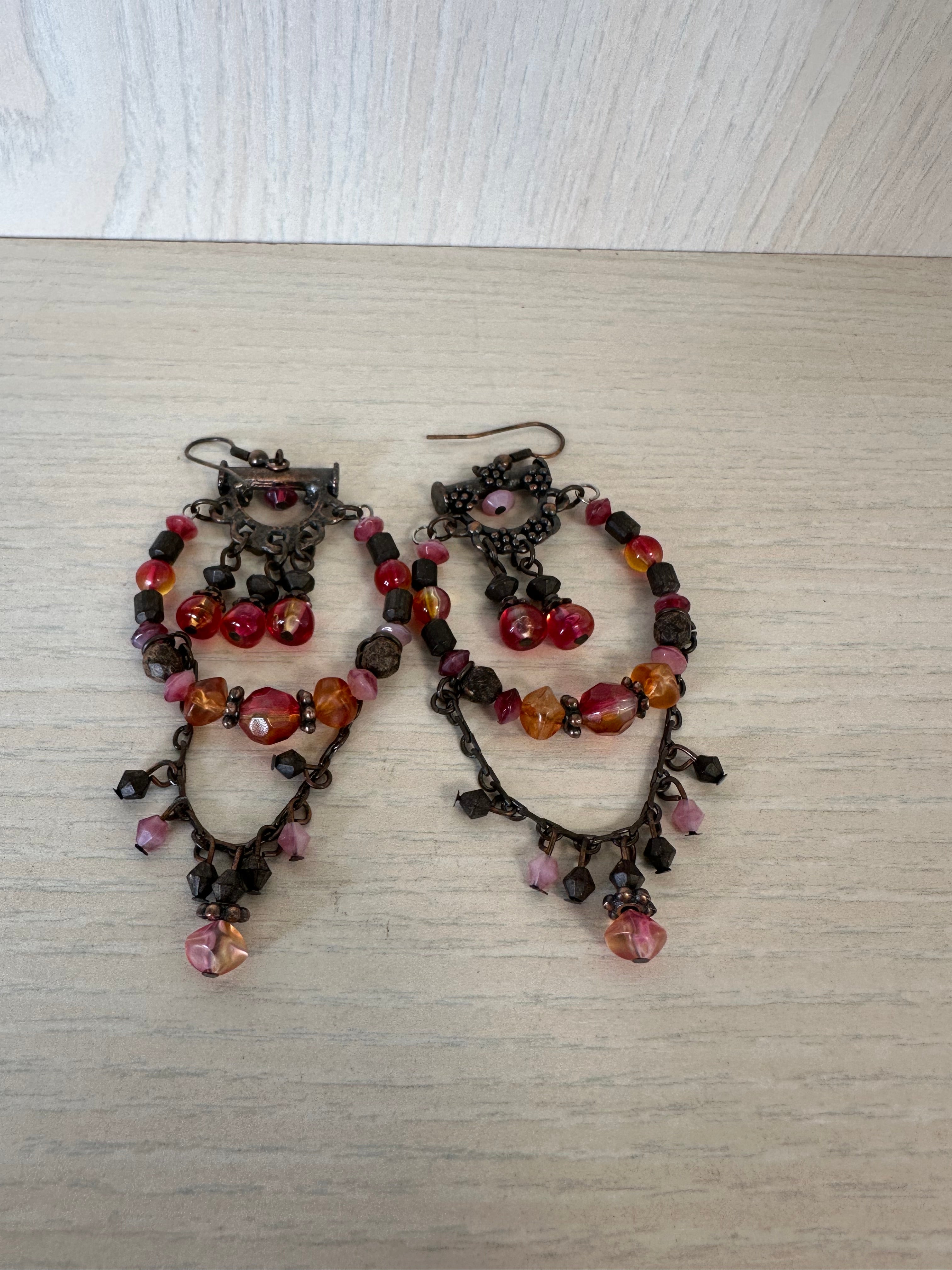 Boho Chandelier Earrings, Bronze, Ruby Red & Orange Glass Beads, 5cm, Good