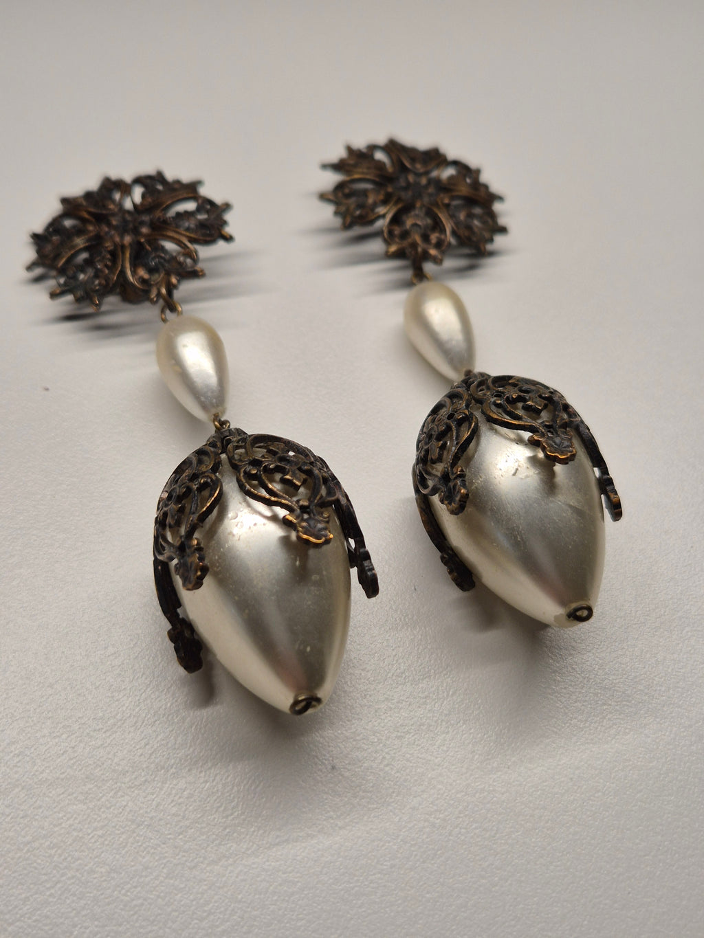 Vintage Bronze Tone Clip-On Earrings w/ Faux Pearls, 9 cm, Very Good