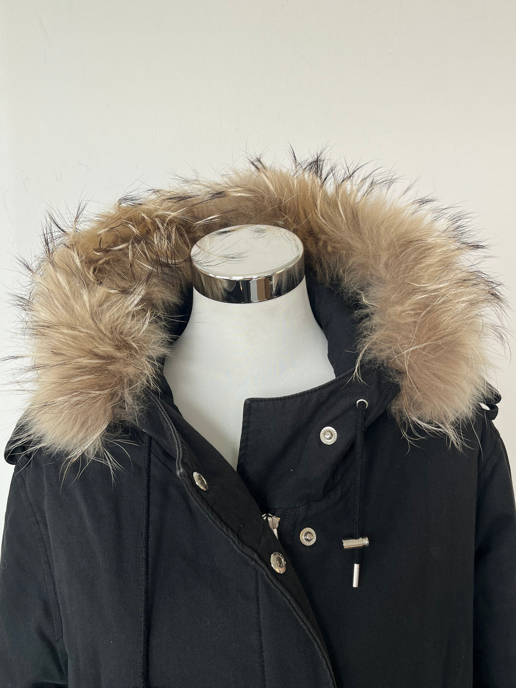 The Kooples Hooded Parka Black XS Cotton Blend Fur Trim Good Condition