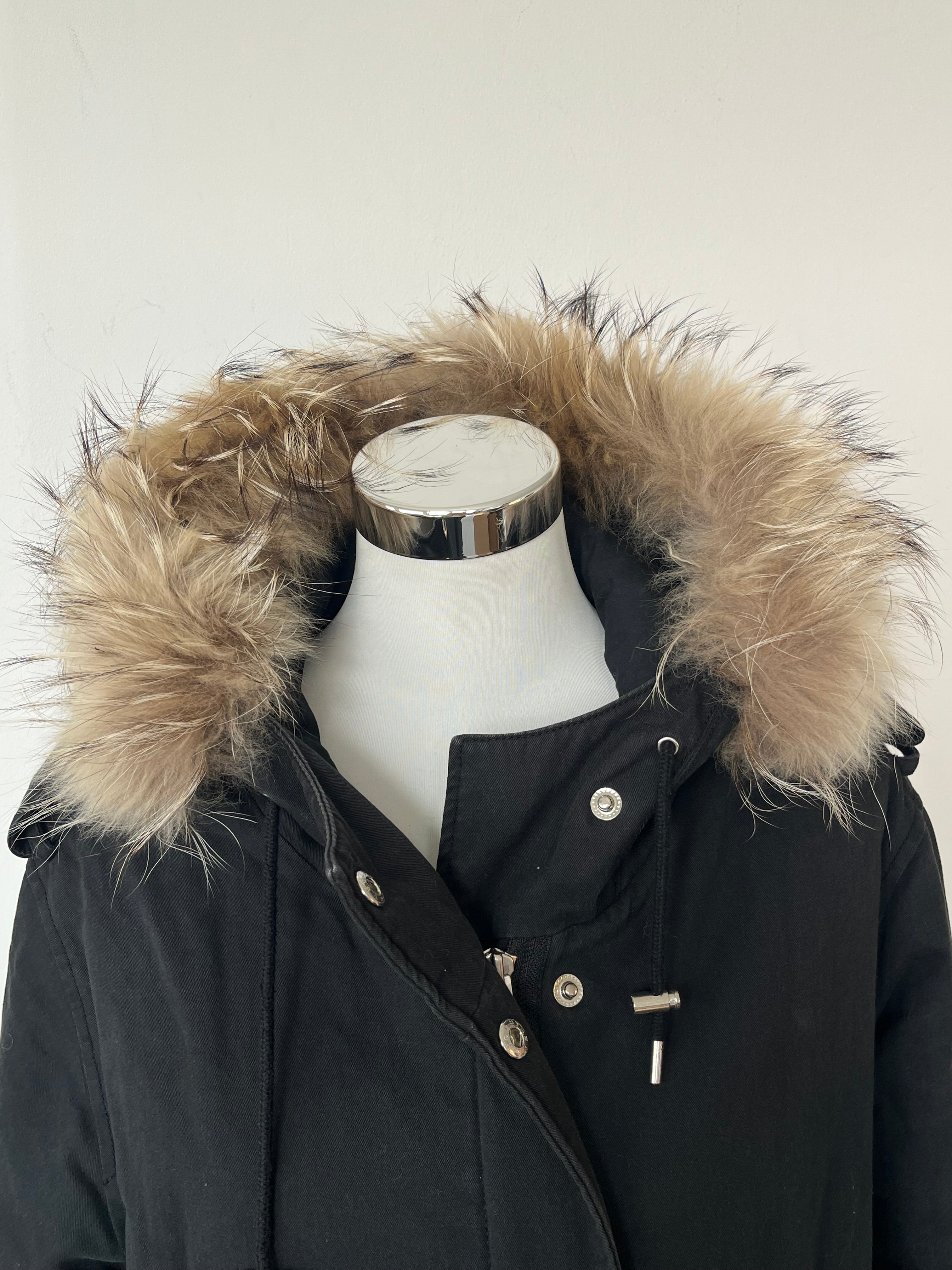 The Kooples Hooded Parka Black XS Cotton Blend Fur Trim Good Condition