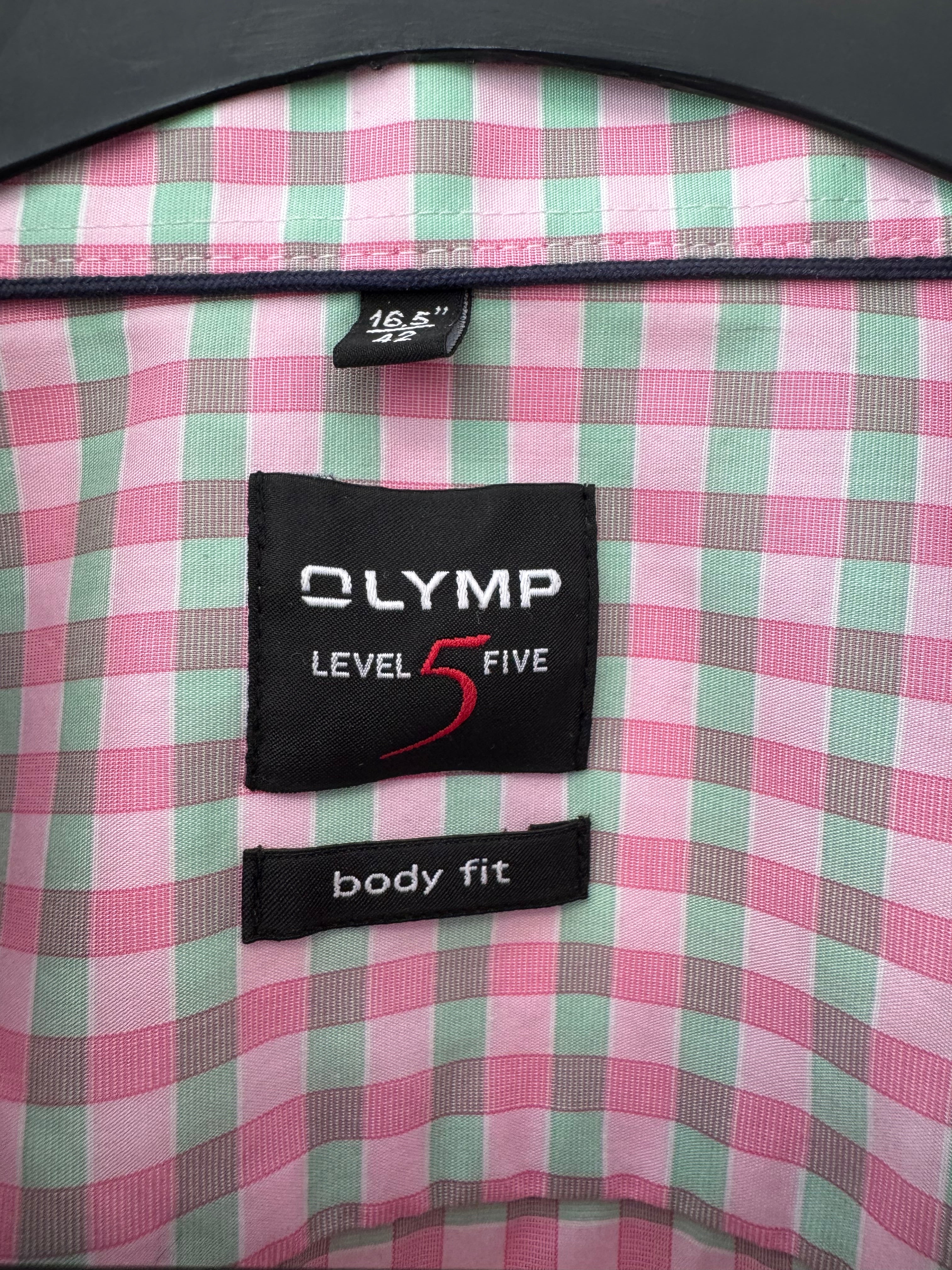 OLYMP Level Five Hemd Body Fit Gr. 42 pink/grün kariert Sehr Gut