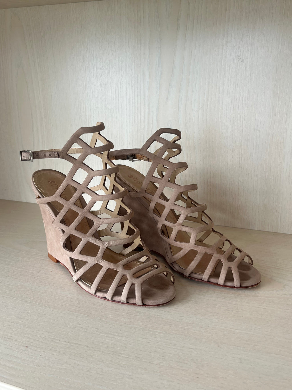 Schutz Caged Wedge Suede Sandals | Beige | EU 37 | Normal Use Condition