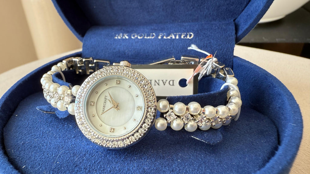 Danecraft Women's Bracelet Watch | Pearl Strap, Crystal Bezel, Gold Plated, VG