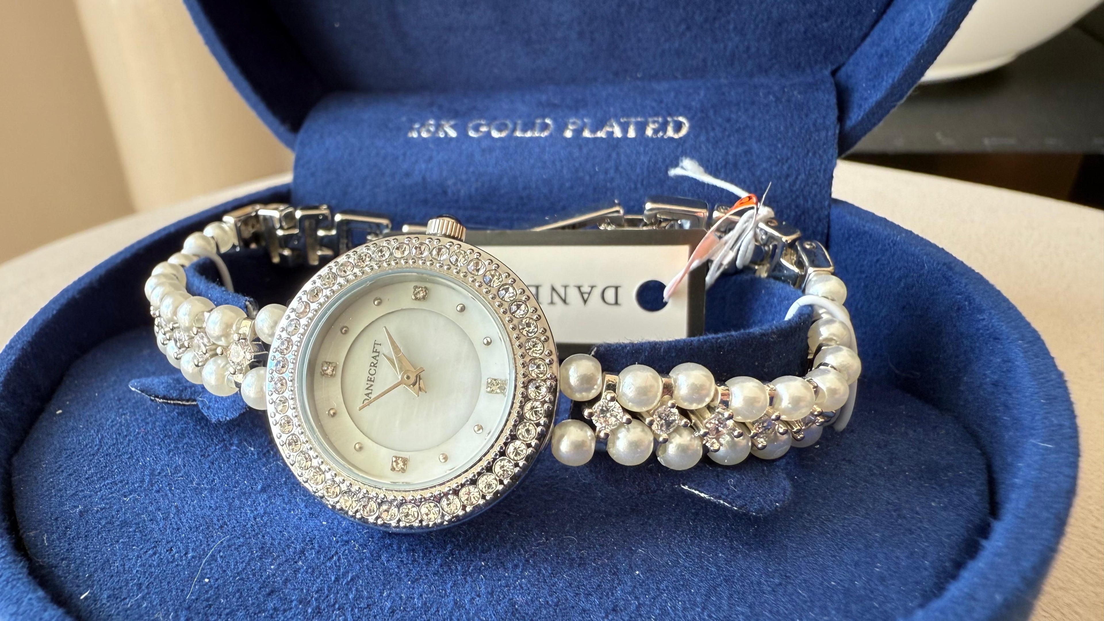 Danecraft Women's Bracelet Watch | Pearl Strap, Crystal Bezel, Gold Plated, VG