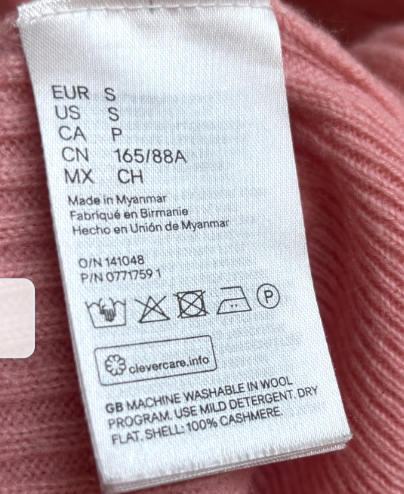 H&M 100% Cashmere Rib-Knit Sweater, Small, Light Pink, Very Good Condition