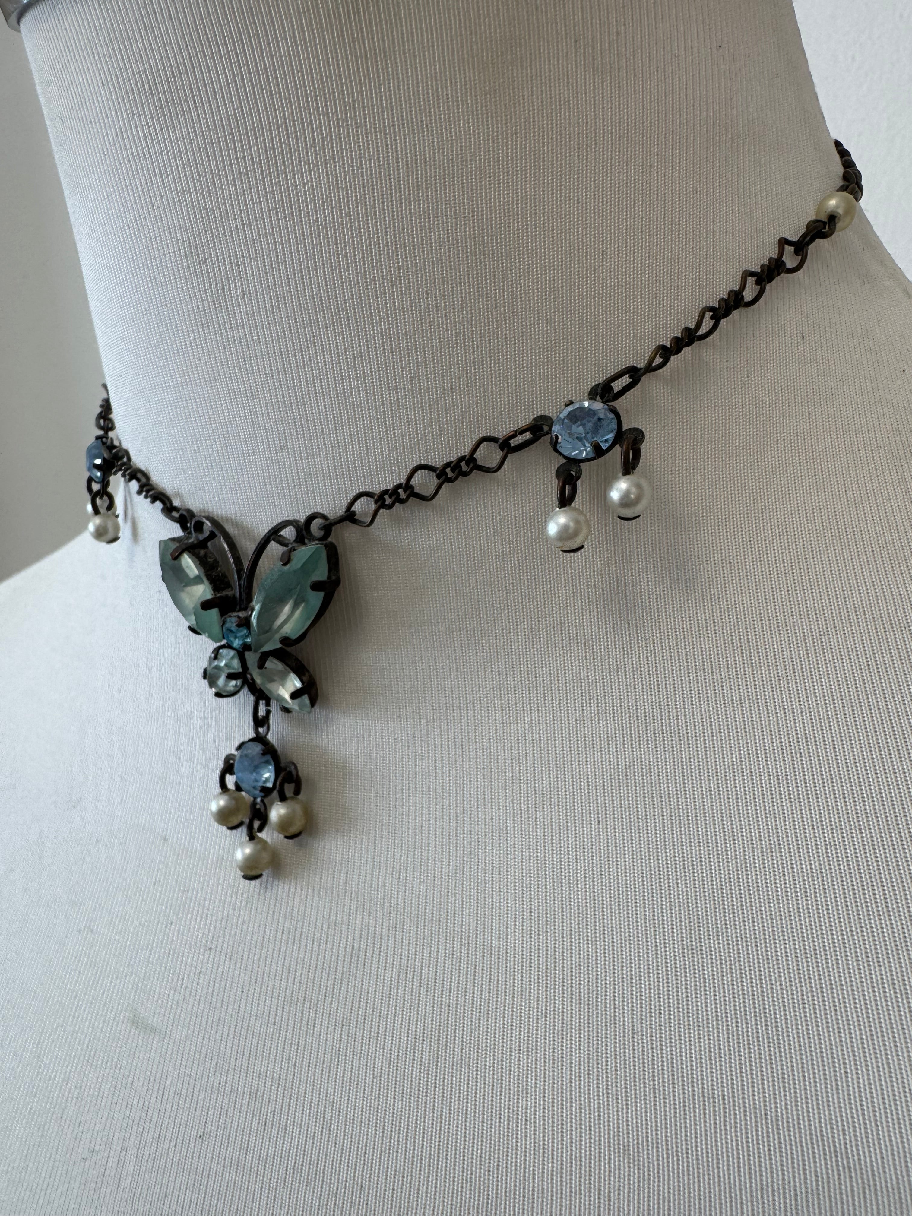 Mihaha Vintage Butterfly Halskette Silber Gold Ice Blue 45cm Gut