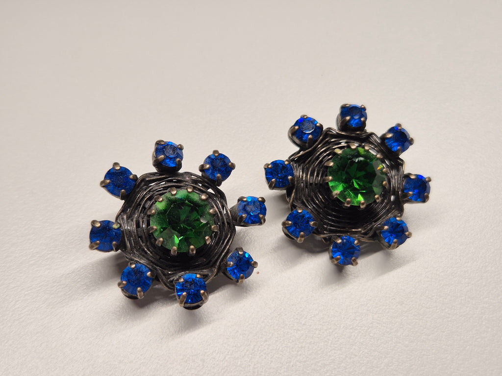 Sparkling Blue-Green Konplott Vintage Clip Earrings, 3cm, Very Good Condition