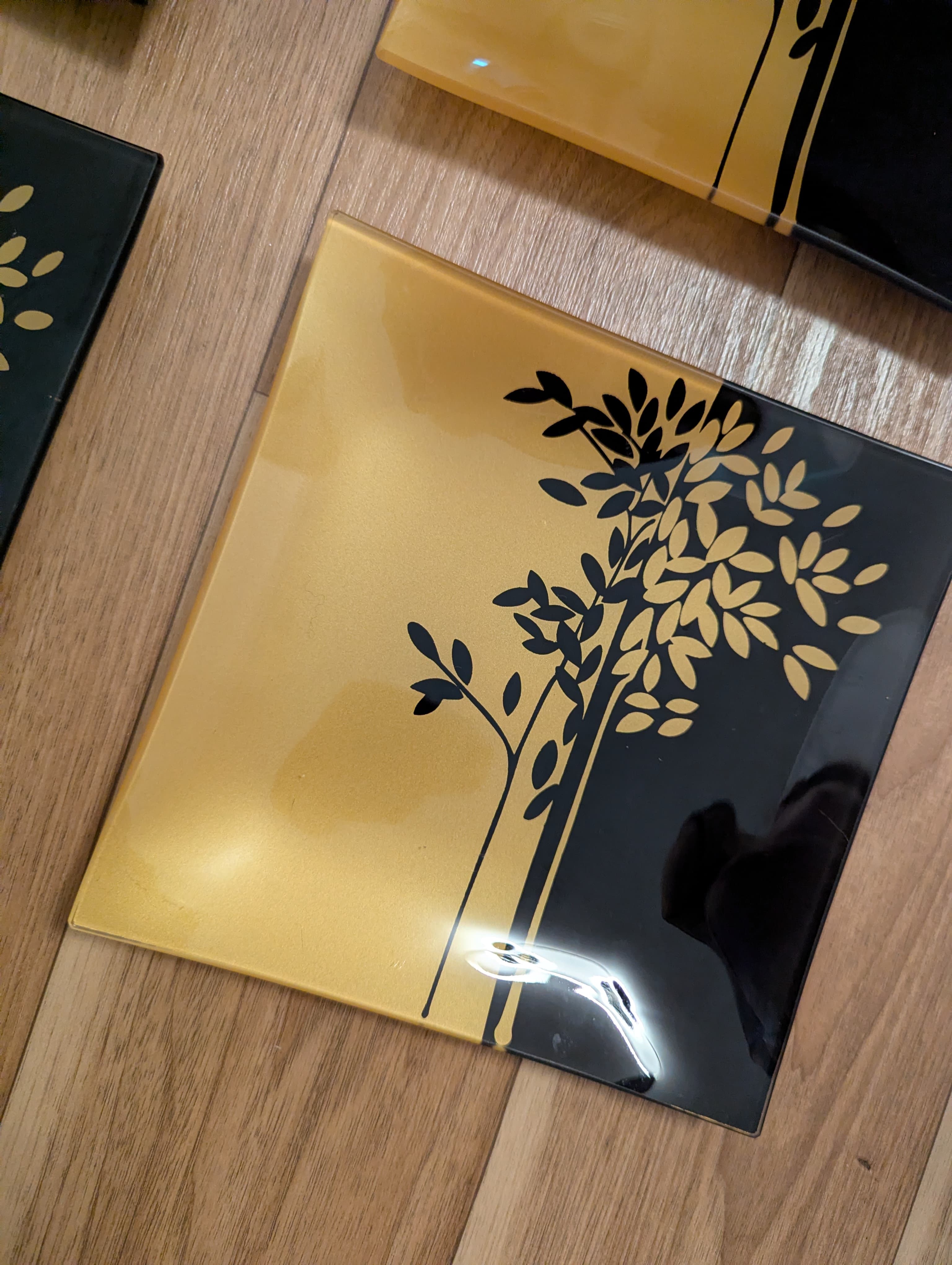 Crystal Glasplatten Set 4-tlg. Schwarz Gold, Quadrat, 30/20cm, Blattmotiv, Gut