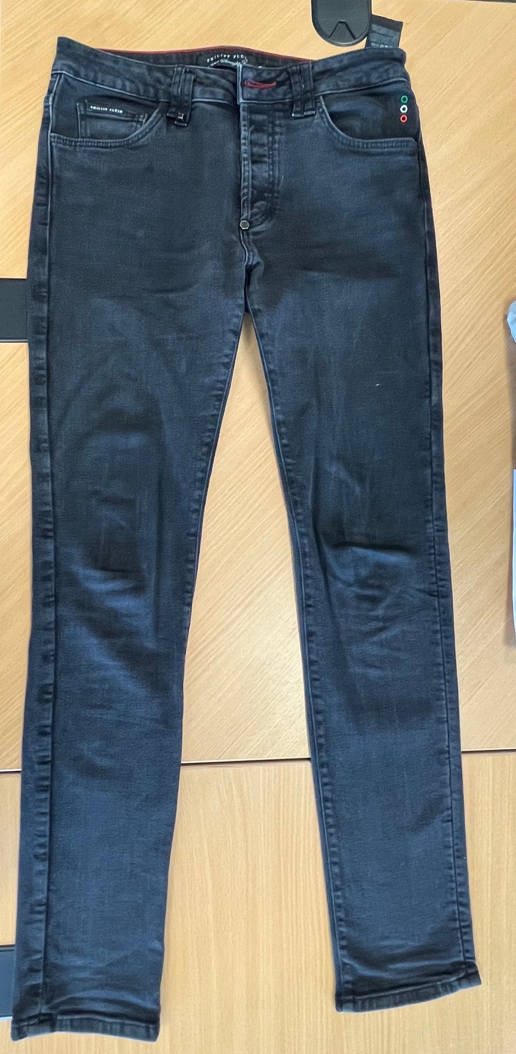 Philipp Plein Super Straight Cut Black Out Jeans W33 Black/Red, Good Condition