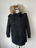 The Kooples Hooded Parka Black XS Cotton Blend Fur Trim Good Condition