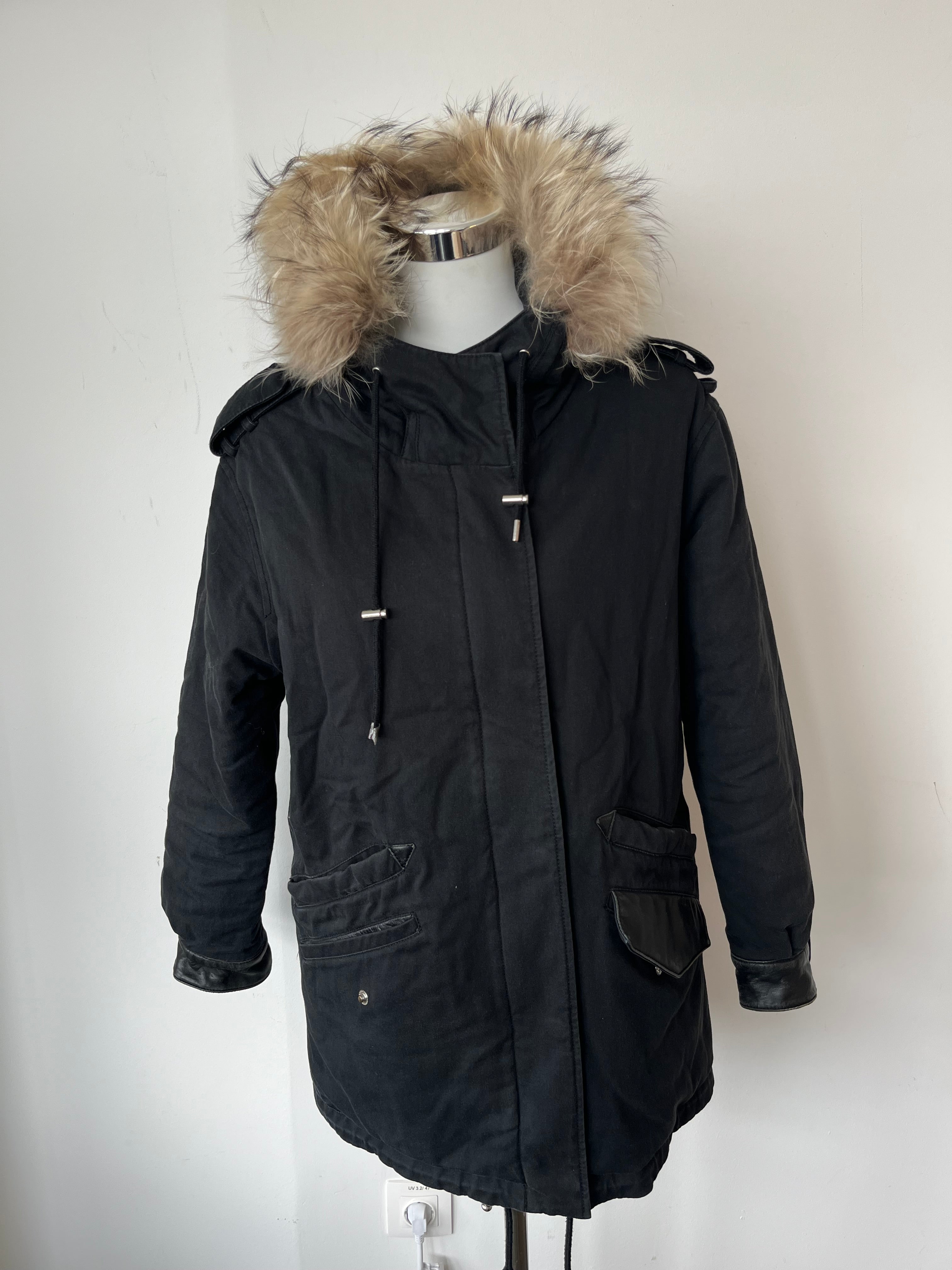 The Kooples Hooded Parka Black XS Cotton Blend Fur Trim Good Condition