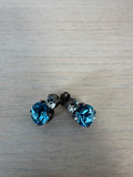 Vintage aqua blue double-crystal stud earrings, antique bronze, good condition