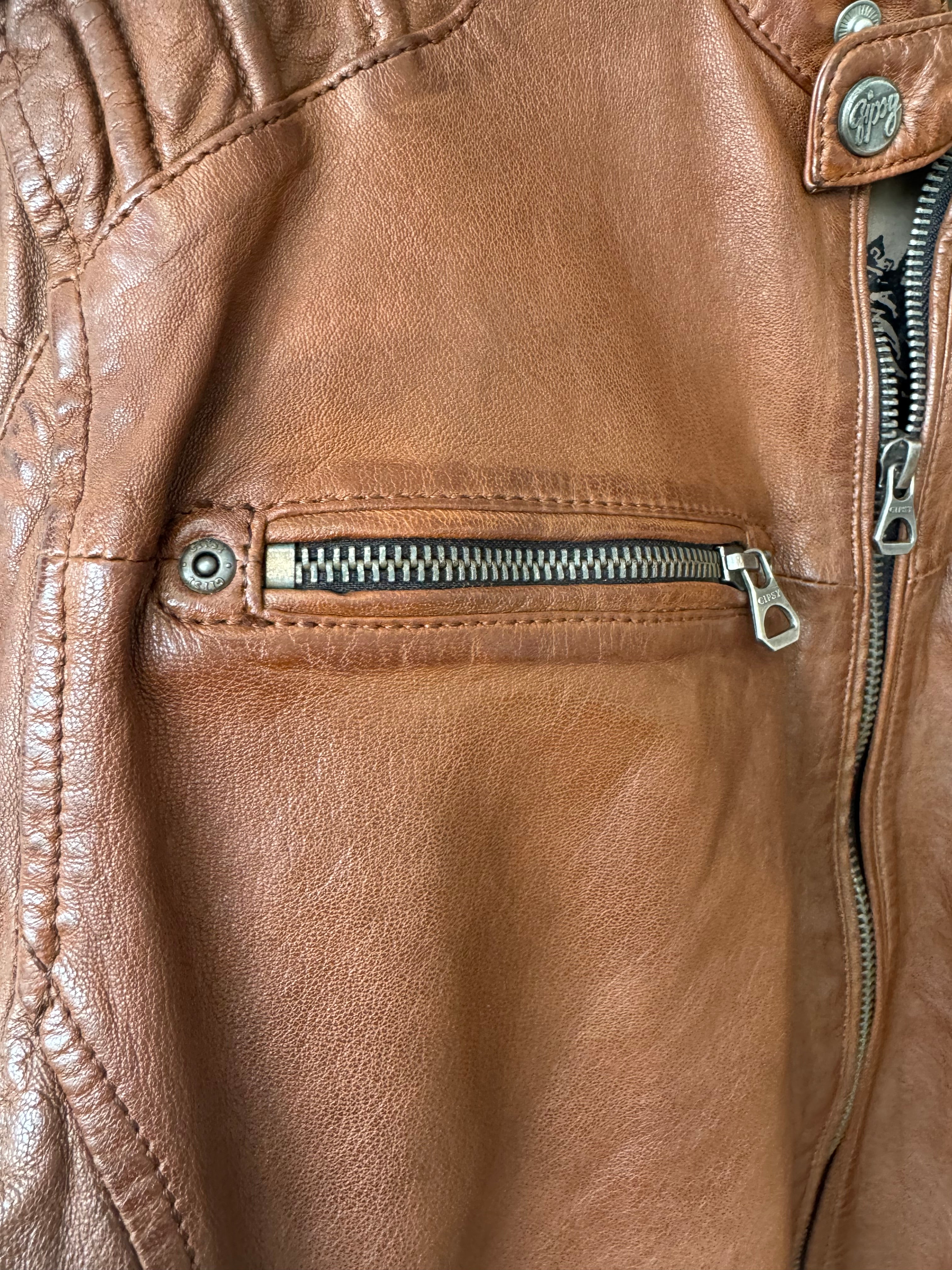 Gipsy Vintage-Style Leather Biker Jacket, Brown, Men’s XL, Good Condition