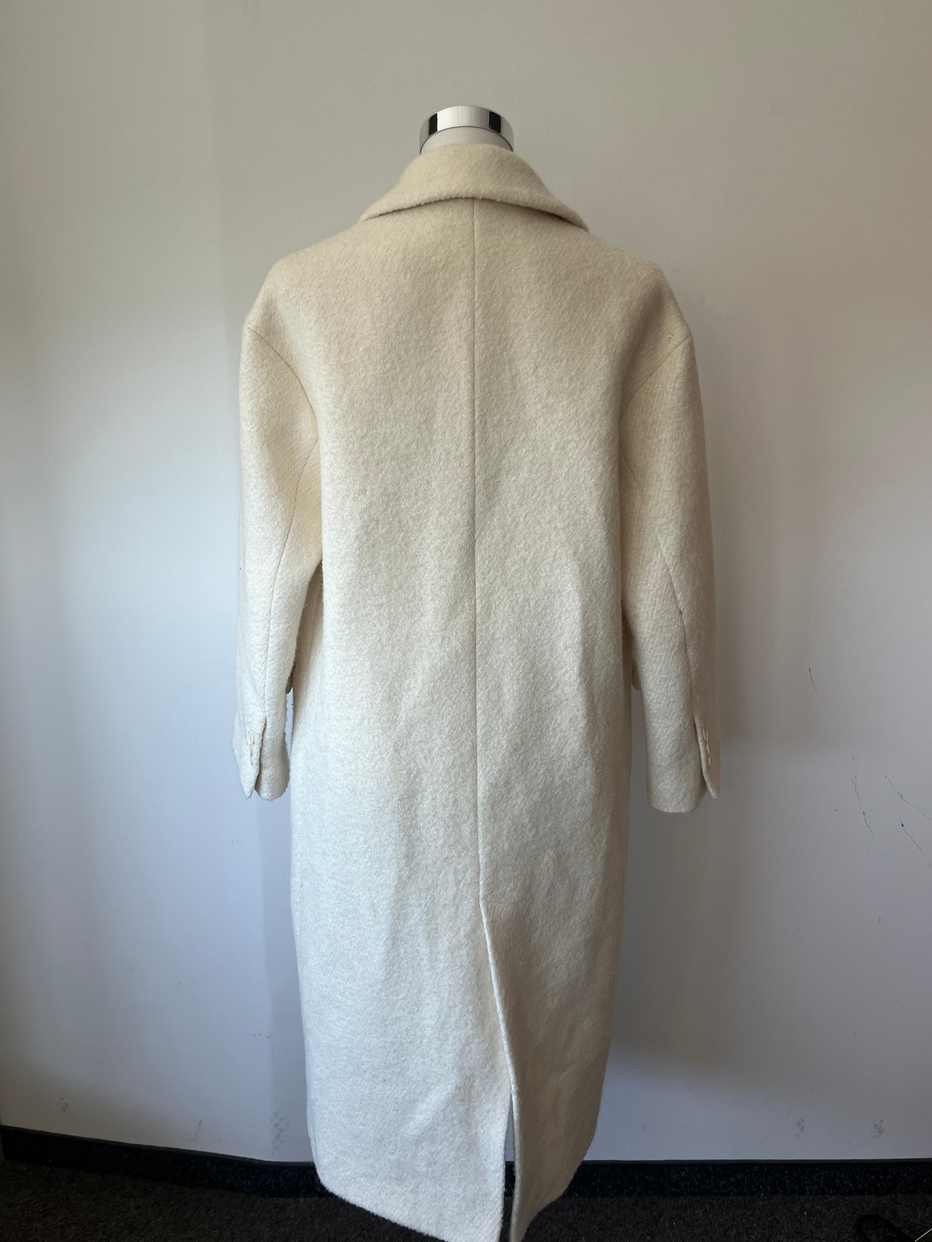 Zara Wool Blend Double-Breasted Coat, Ecru White, Size M, Poor Condition