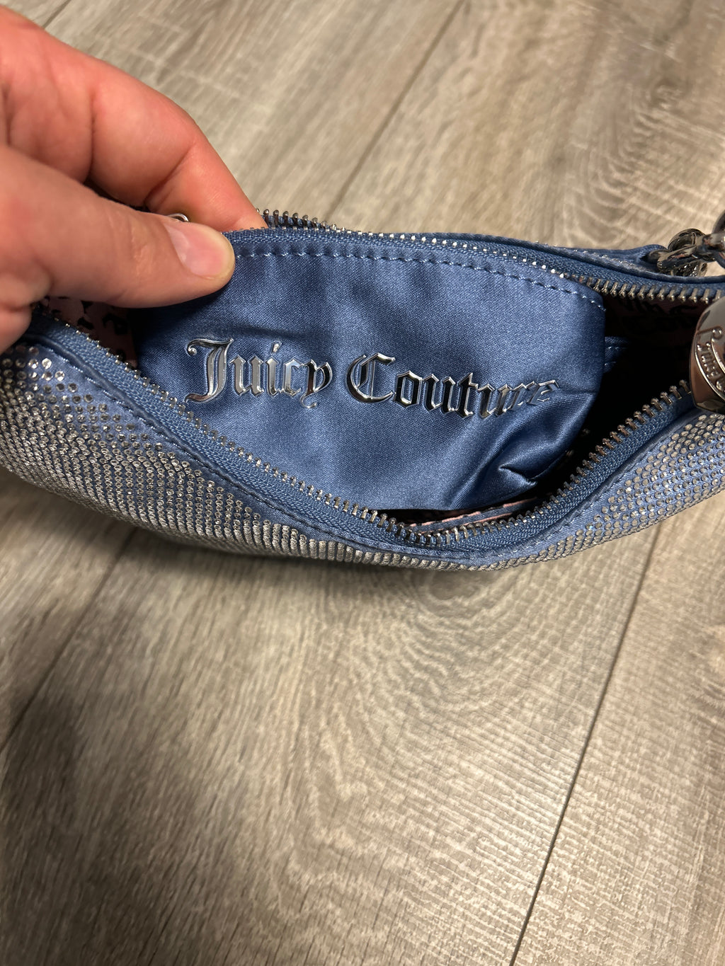 Juicy Couture Mini Hobo Schultertasche Blau Strass + Münztasche Wie Neu