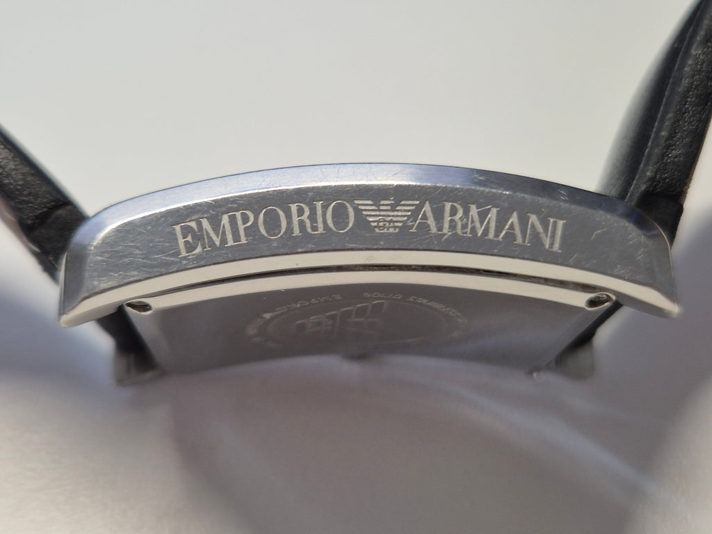 Emporio Armani AR0143 Men’s Rectangular Stainless Steel Watch Black Leather Strap