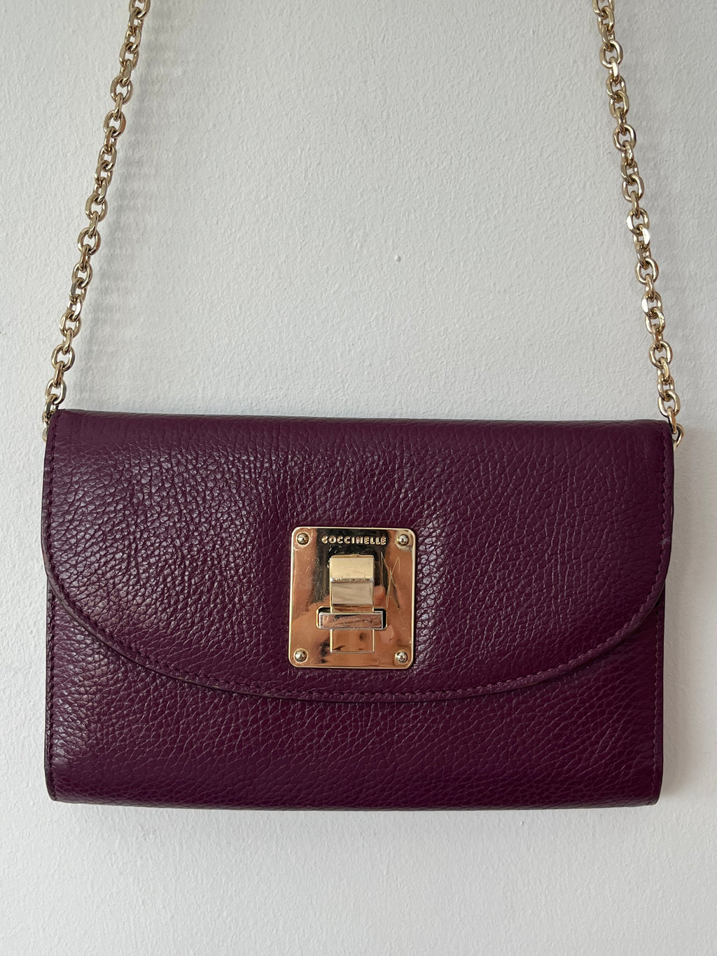 Coccinelle Leather Clutch | Plum | Gold Chain | Small | Good Condition