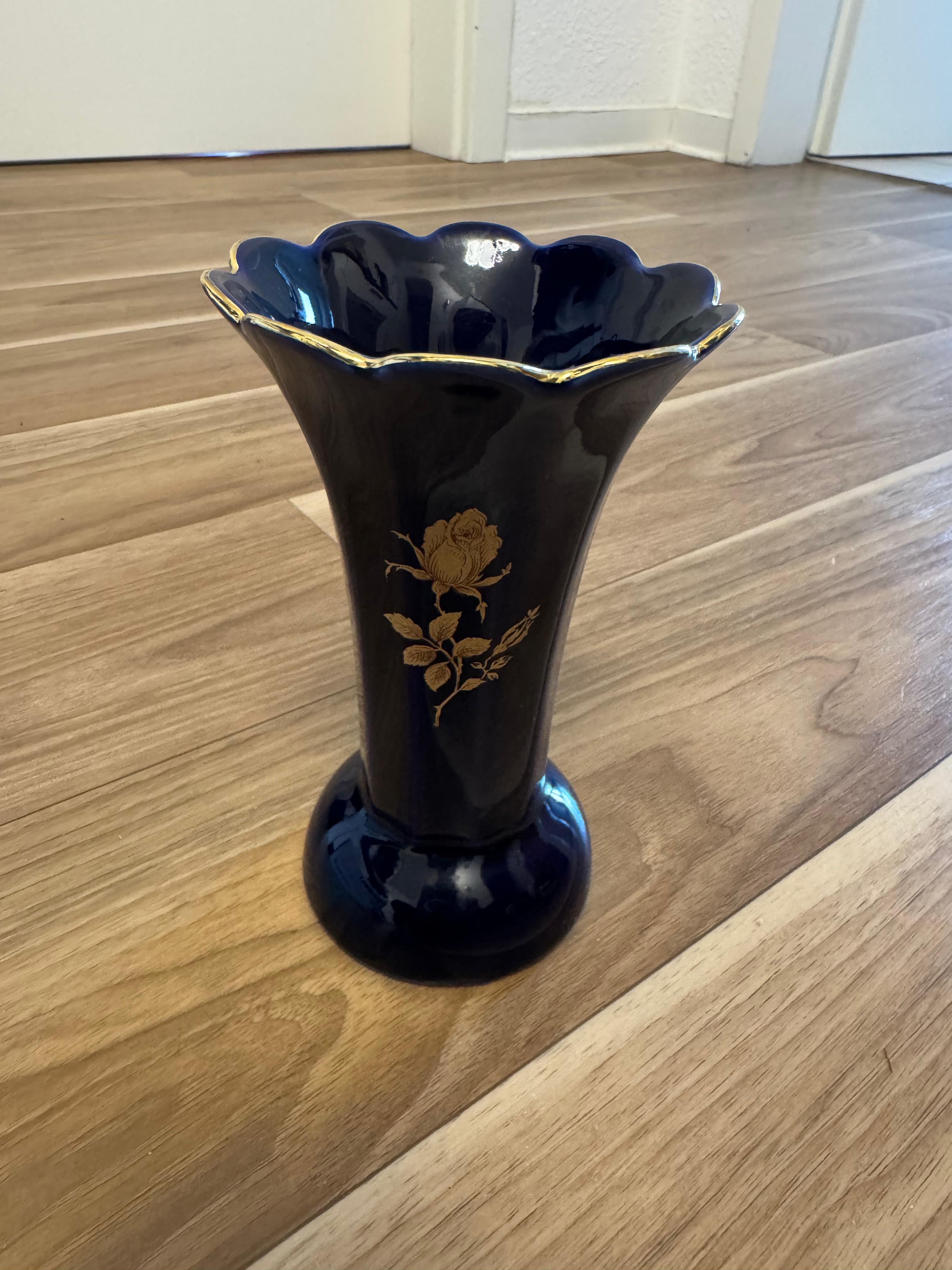 Bareuther Echt Cobalt Vase, Kobaltblau, Goldrosen, Porzellan, Vintage, Deutschland