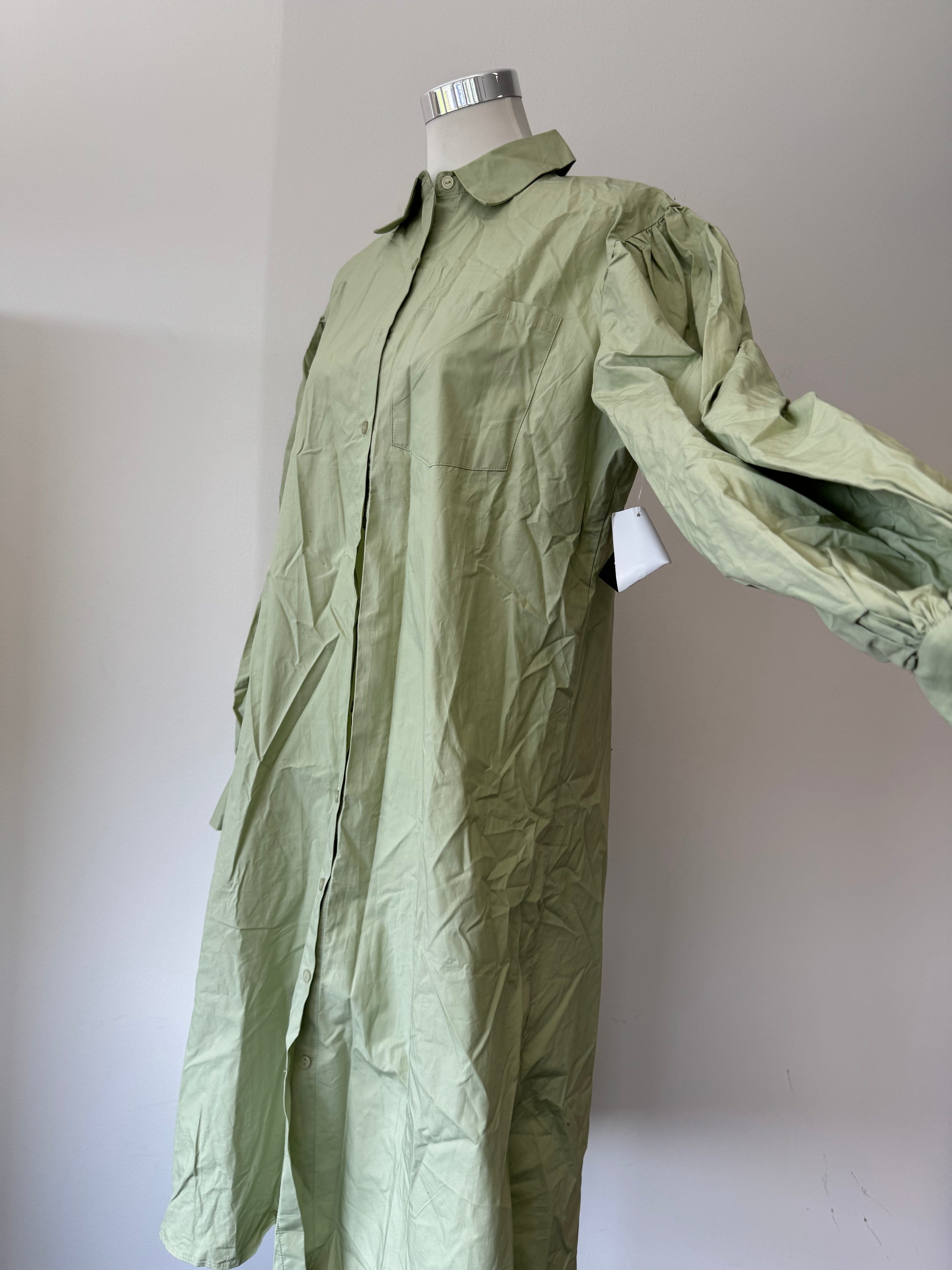 NA-KD Puff Sleeve Hemdblusenkleid – Hellgrün, Größe 36, Baumwolle, Neu