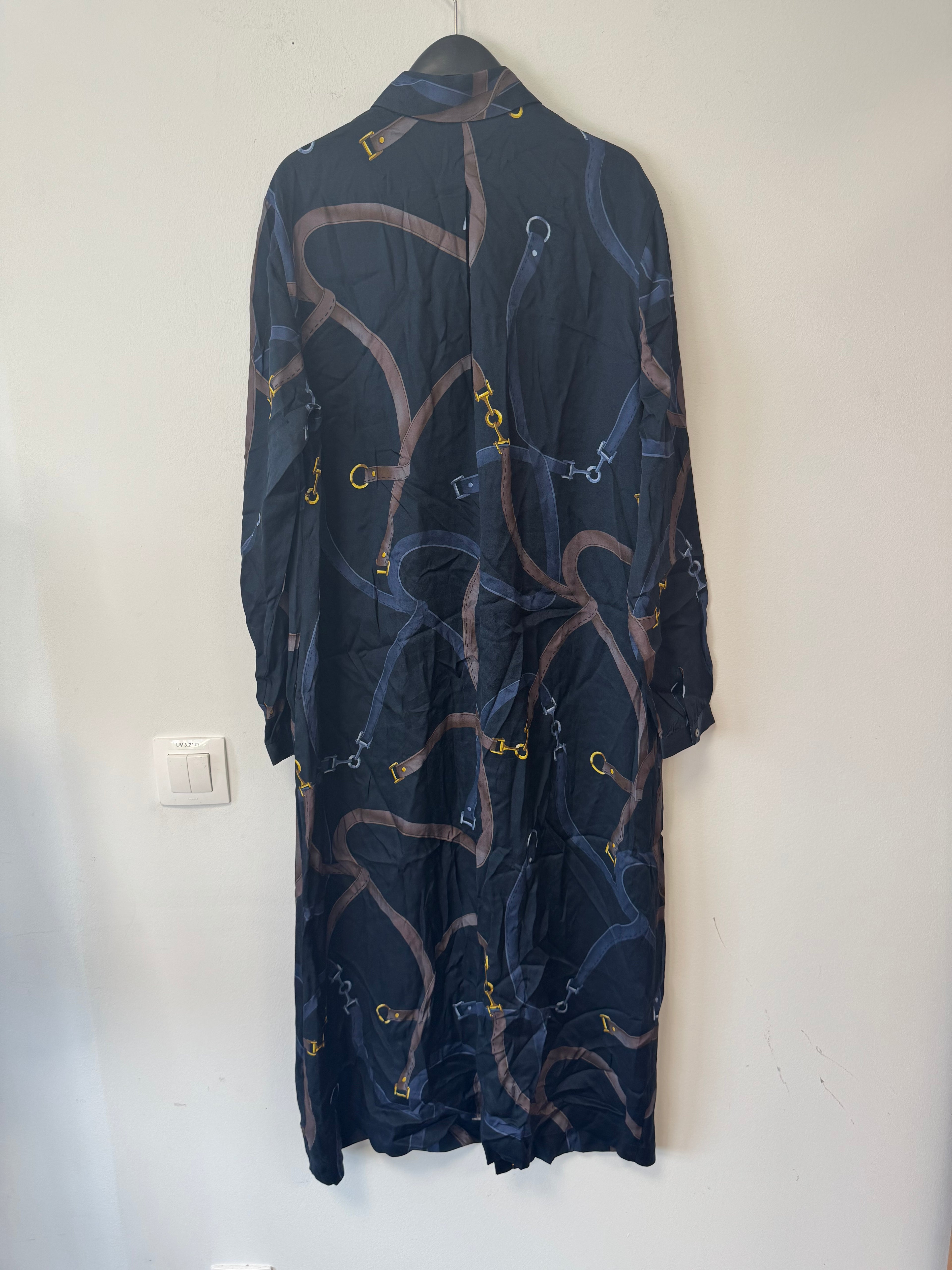 0039 Italy Seidenkleid M Navy Multicolor mit Gürtel Sehr Gut