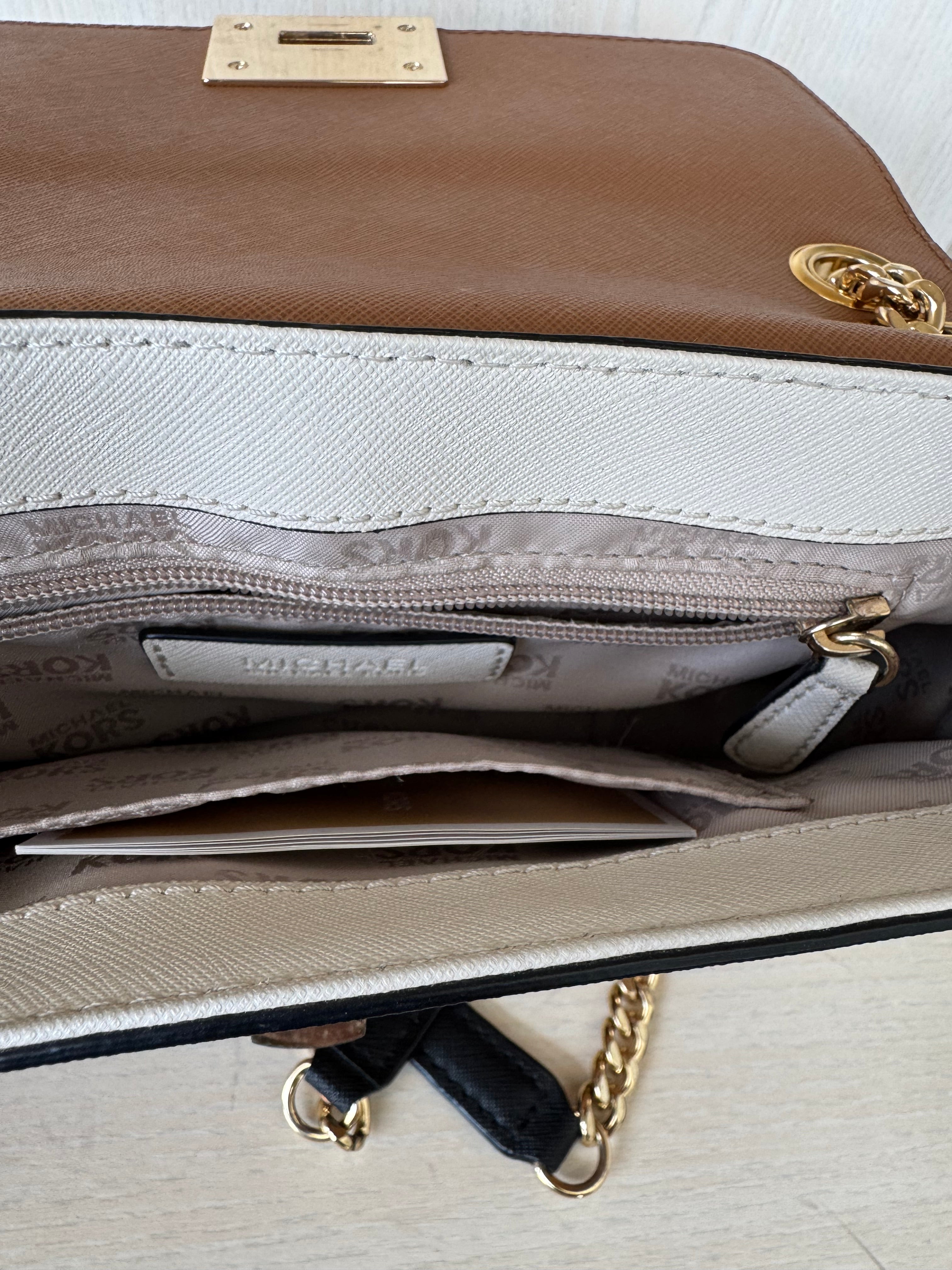 Michael Kors “Tina” Crossbody – Color-Block Saffiano Leather, Gold Hardware, Good