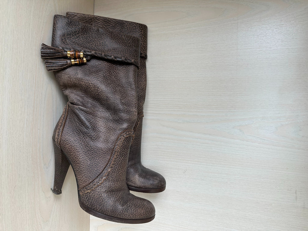 Gucci Lederstiefel mit Bambus-Quasten, Braun, EU 40.5, Guter Zustand
