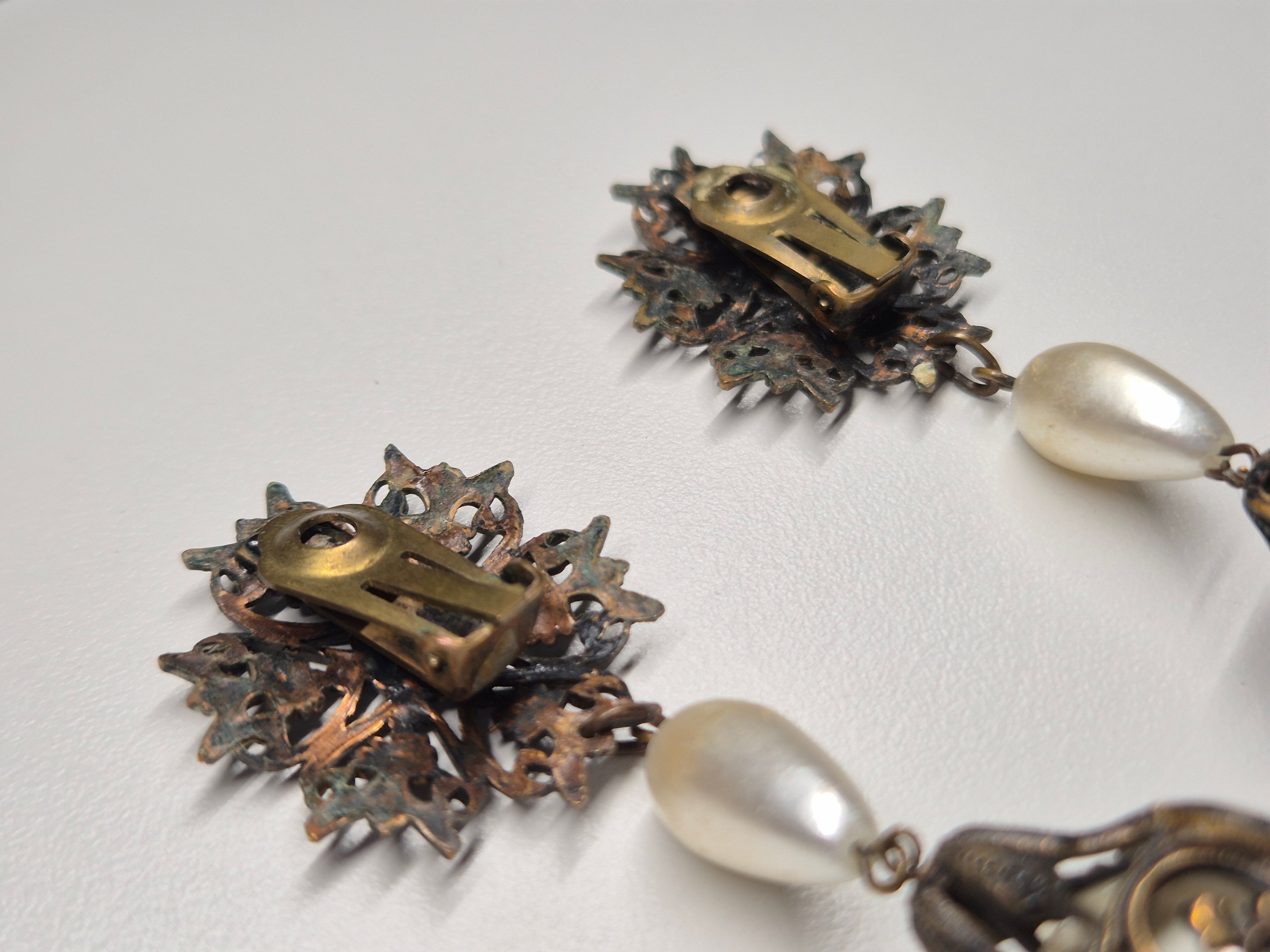 Vintage Bronze Tone Clip-On Earrings w/ Faux Pearls, 9 cm, Very Good